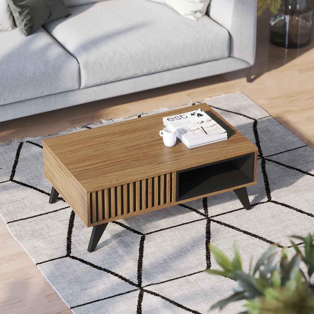 Mesa de Centro Kerry 1 Nicho 4 Pés em Madeira Maciça Noce Milano / Preto Fosco