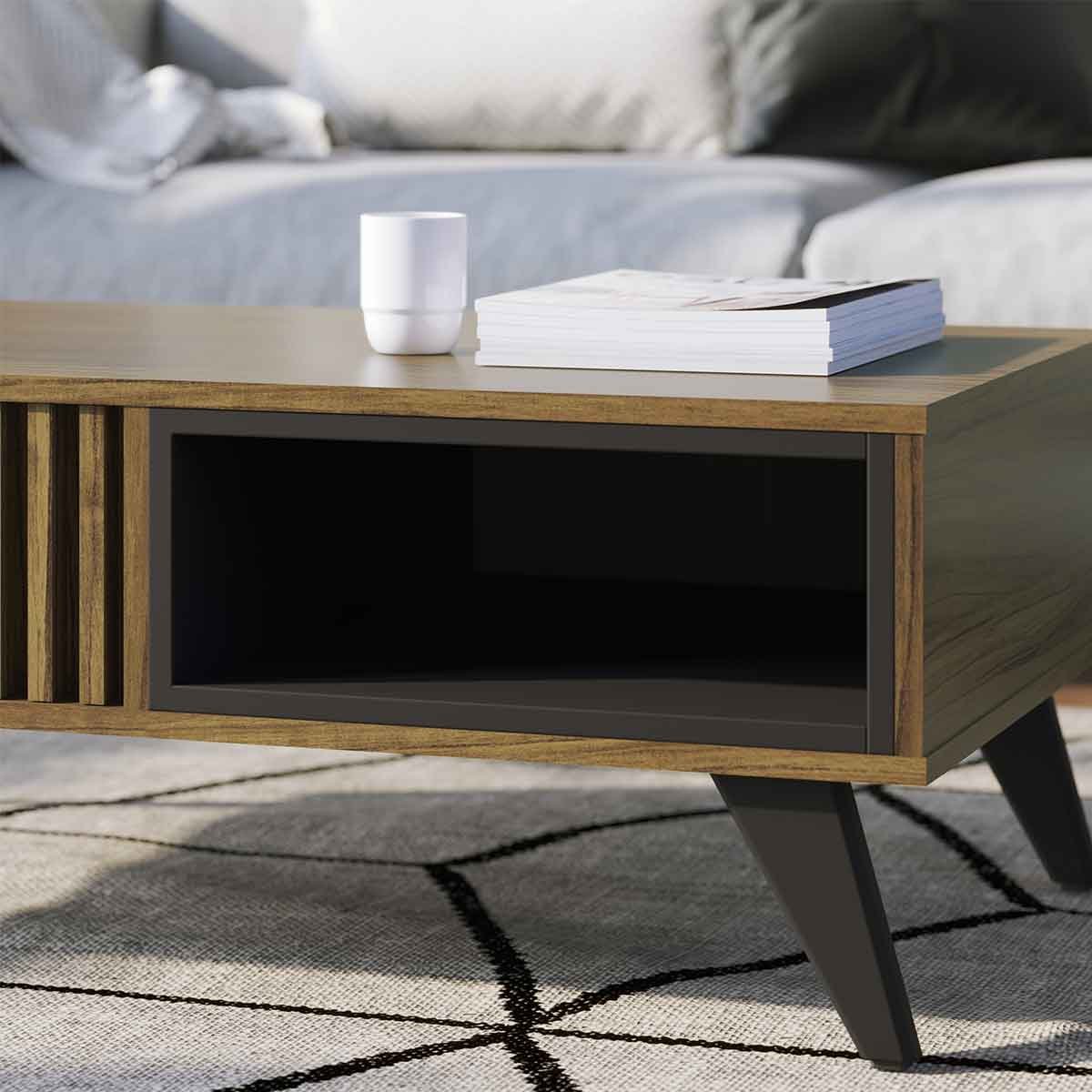 Mesa de Centro Kerry 1 Nicho 4 Pés em Madeira Maciça Noce Milano / Preto Fosco