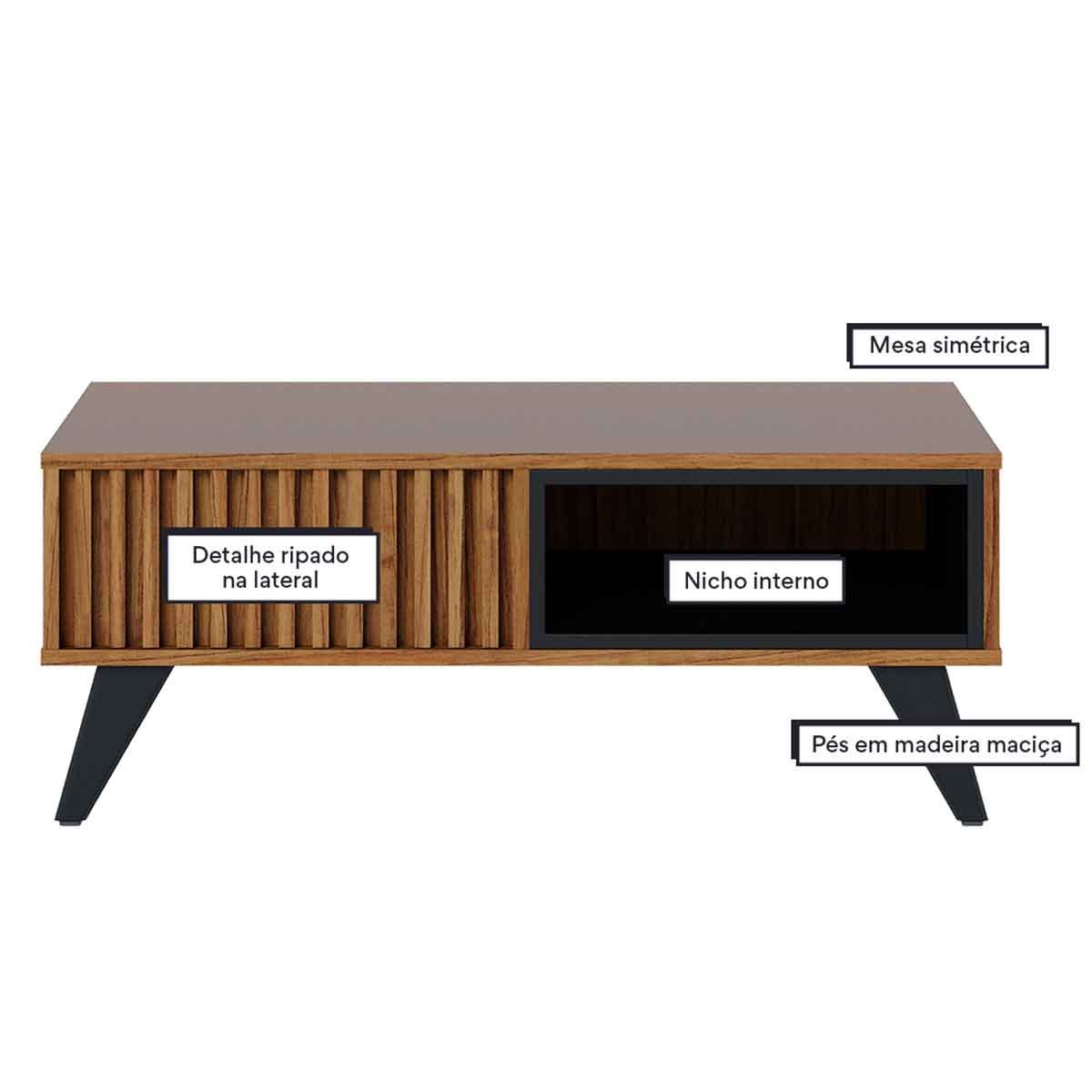Mesa de Centro Kerry 1 Nicho 4 Pés em Madeira Maciça Noce Milano / Preto Fosco