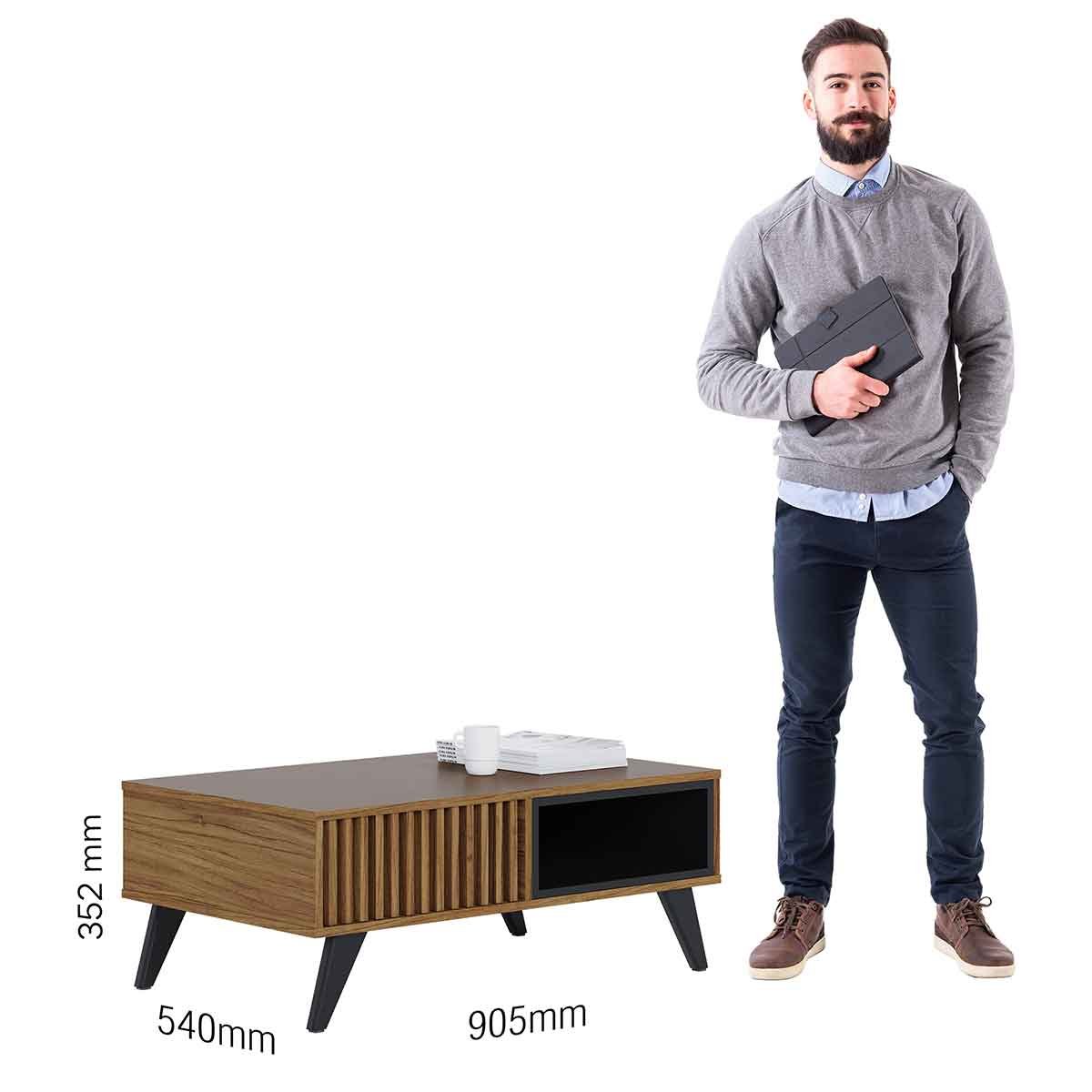 Mesa de Centro Kerry 1 Nicho 4 Pés em Madeira Maciça Noce Milano / Preto Fosco