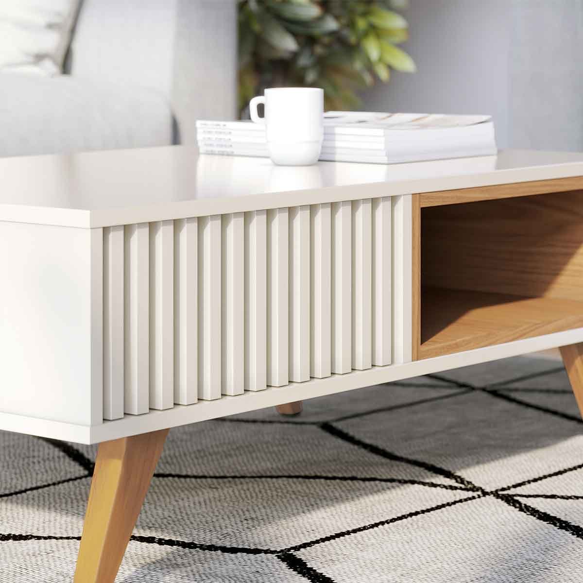 Mesa de Centro Kerry 1 Nicho 4 Pés em Madeira Maciça Off White/Freijó