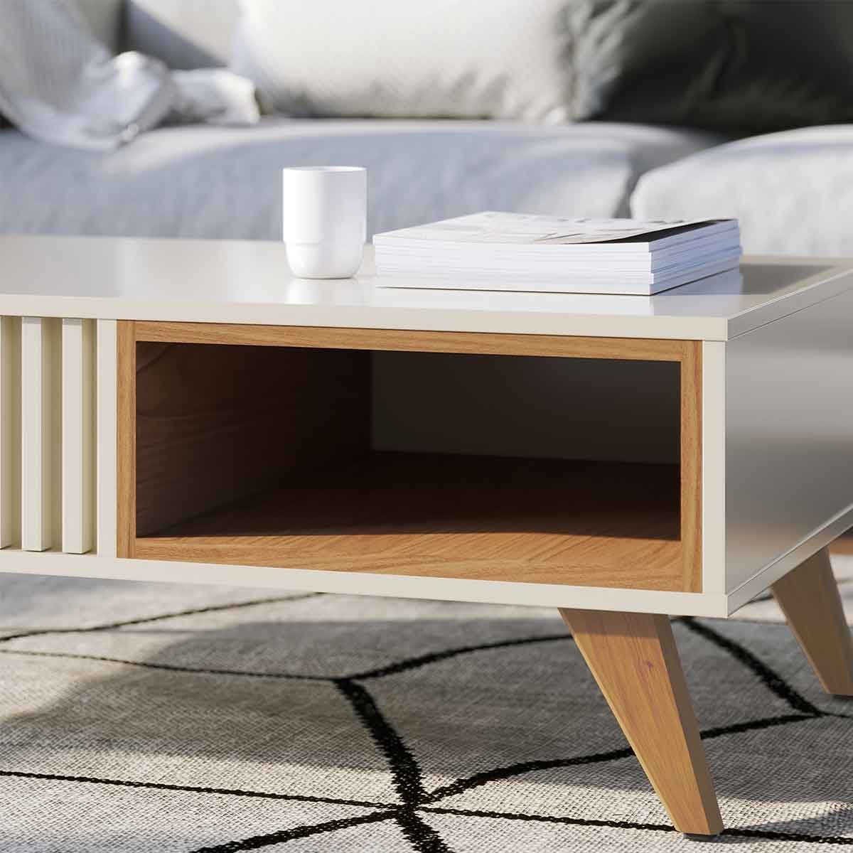 Mesa de Centro Kerry 1 Nicho 4 Pés em Madeira Maciça Off White/Freijó