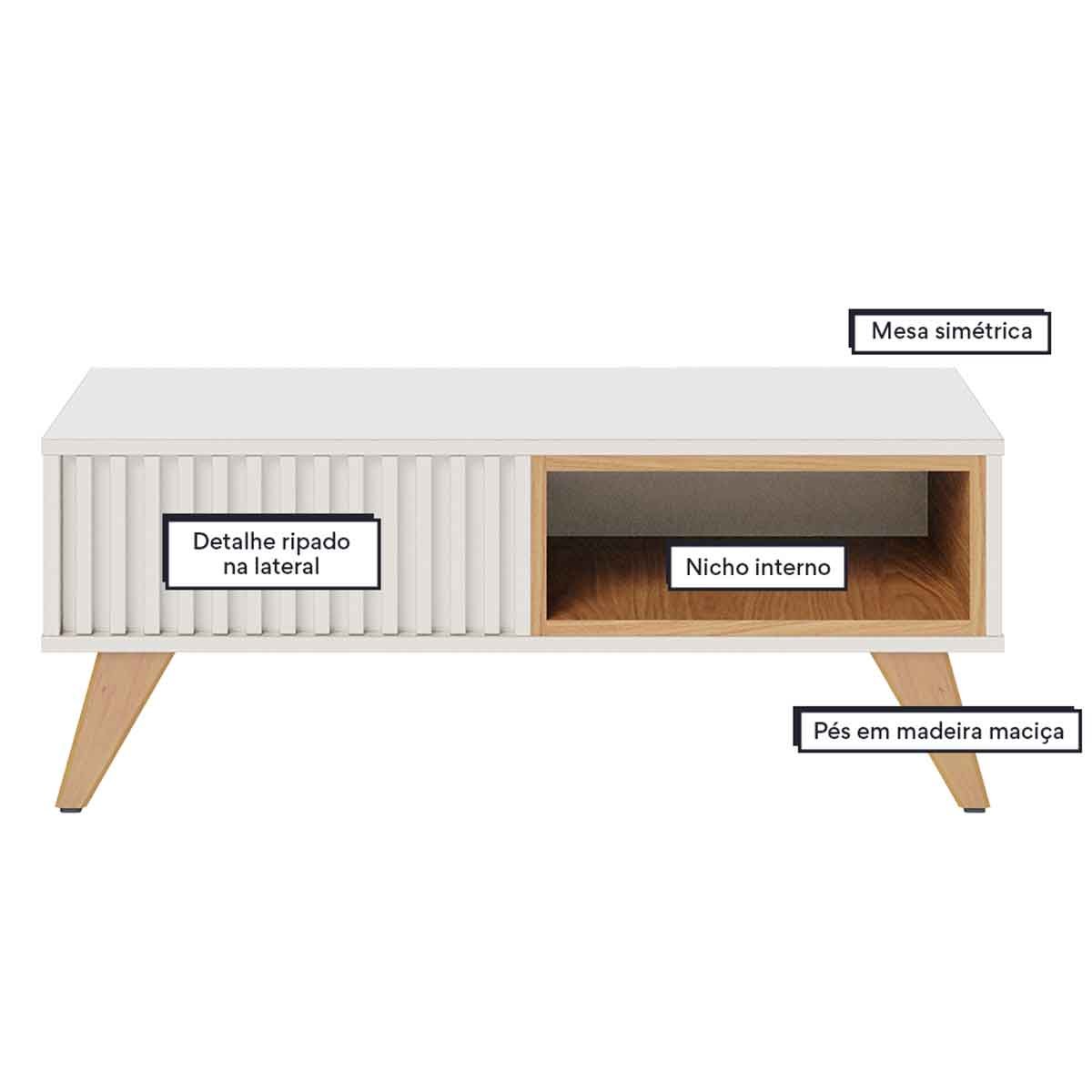 Mesa de Centro Kerry 1 Nicho 4 Pés em Madeira Maciça Off White/Freijó