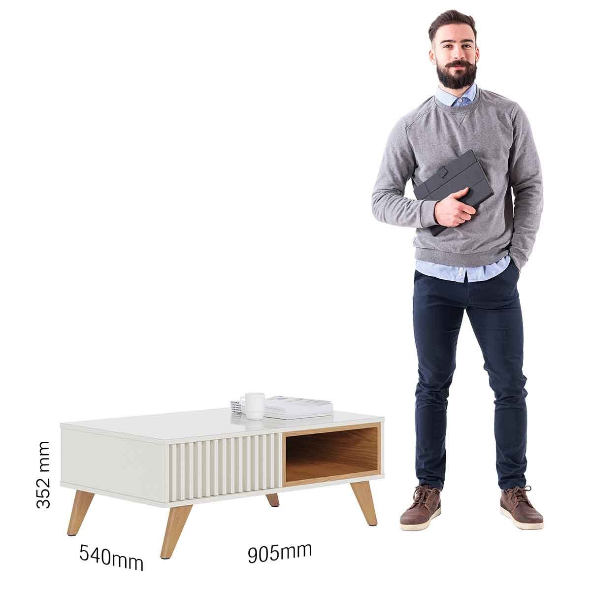 Mesa de Centro Kerry 1 Nicho 4 Pés em Madeira Maciça Off White/Freijó