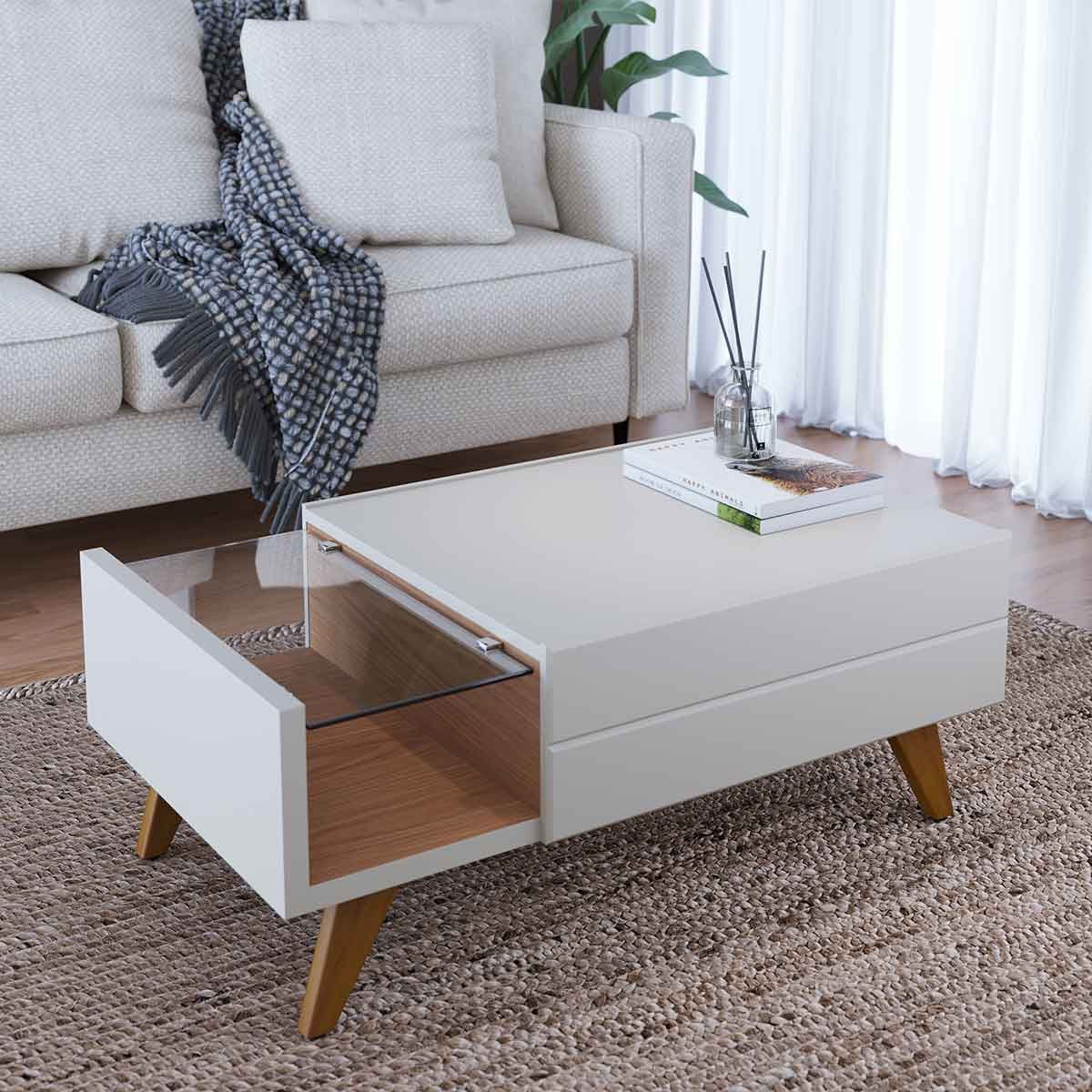 Mesa de Centro Paraíso 1 Gaveta 4 Pés em Madeira Maciça Off White/Freijó