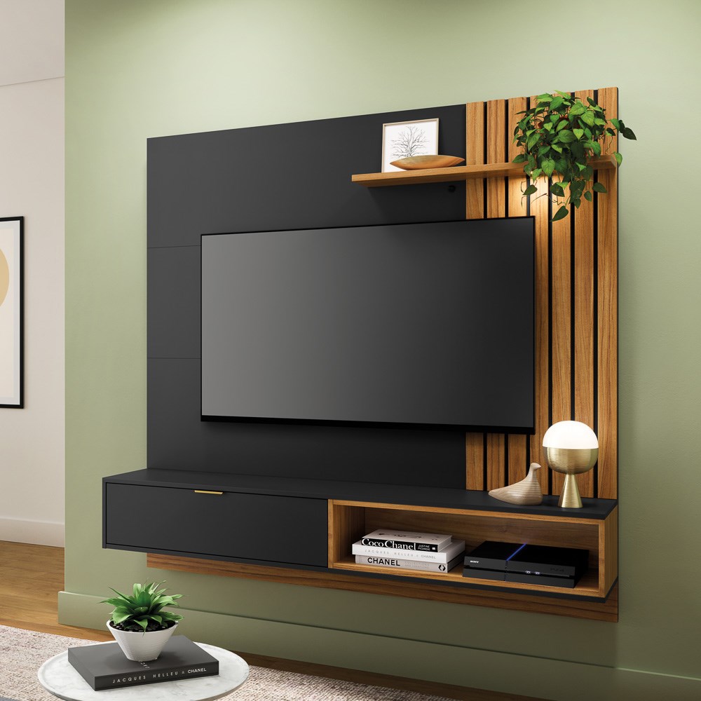 Painel Bancada Suspensa para TV até 60 Pol. Ripado 160cm Tocantins Preto Fosco/Noce Milano - Colibri