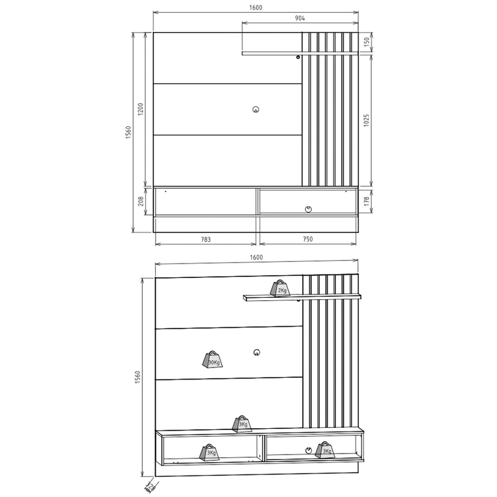Painel Bancada Suspensa para TV até 60 Pol. Ripado 160cm Tocantins Preto Fosco/Noce Milano - Colibri
