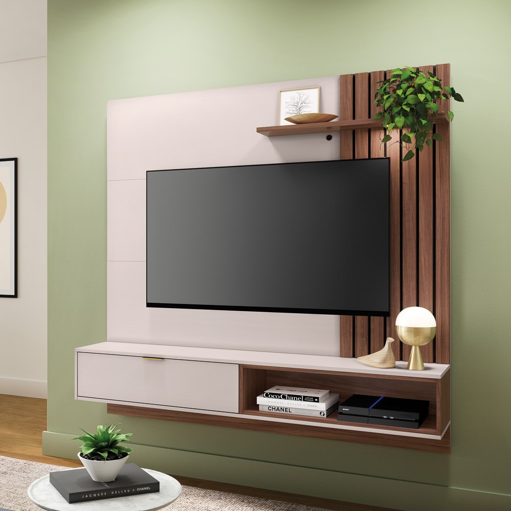 Painel Bancada Suspensa para TV até 65 Pol. Ripado 180cm Tocantins Off White/Nogueira Real - Colibri