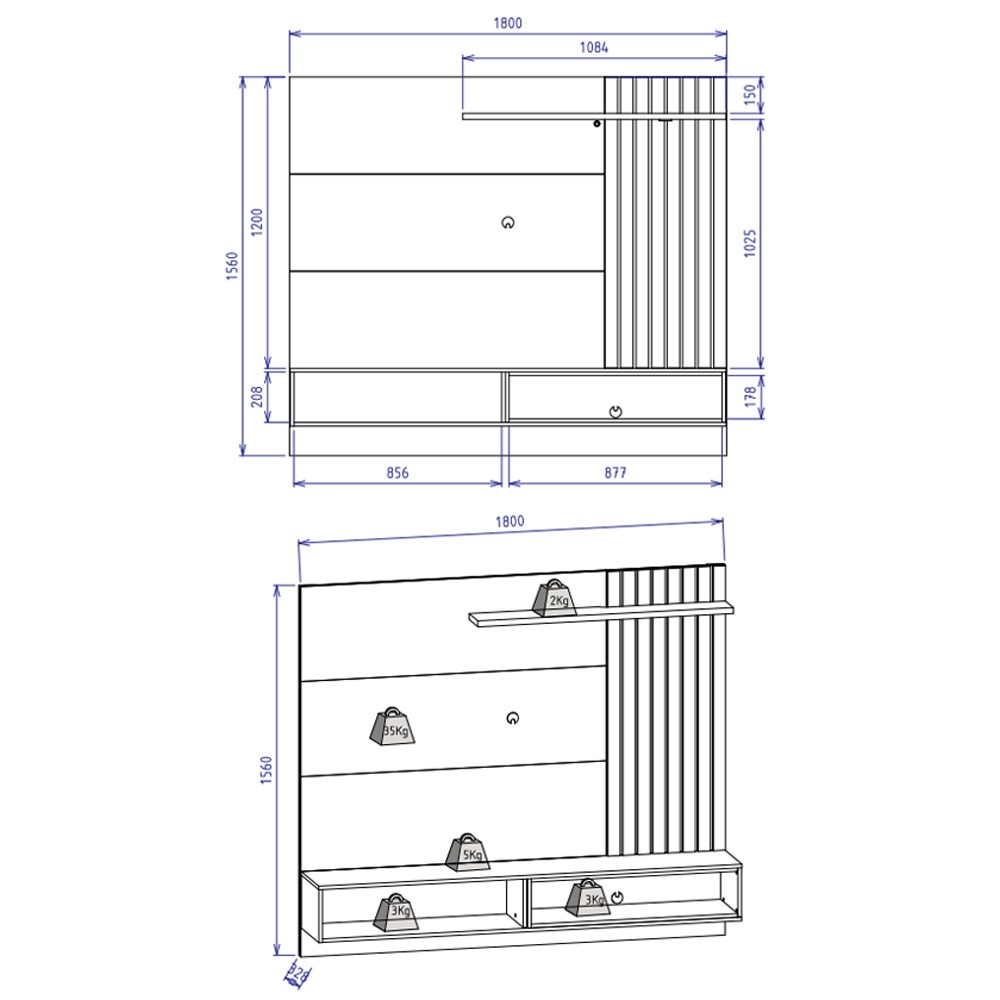 Painel Bancada Suspensa para TV até 65 Pol. Ripado 180cm Tocantins Off White/Nogueira Real - Colibri