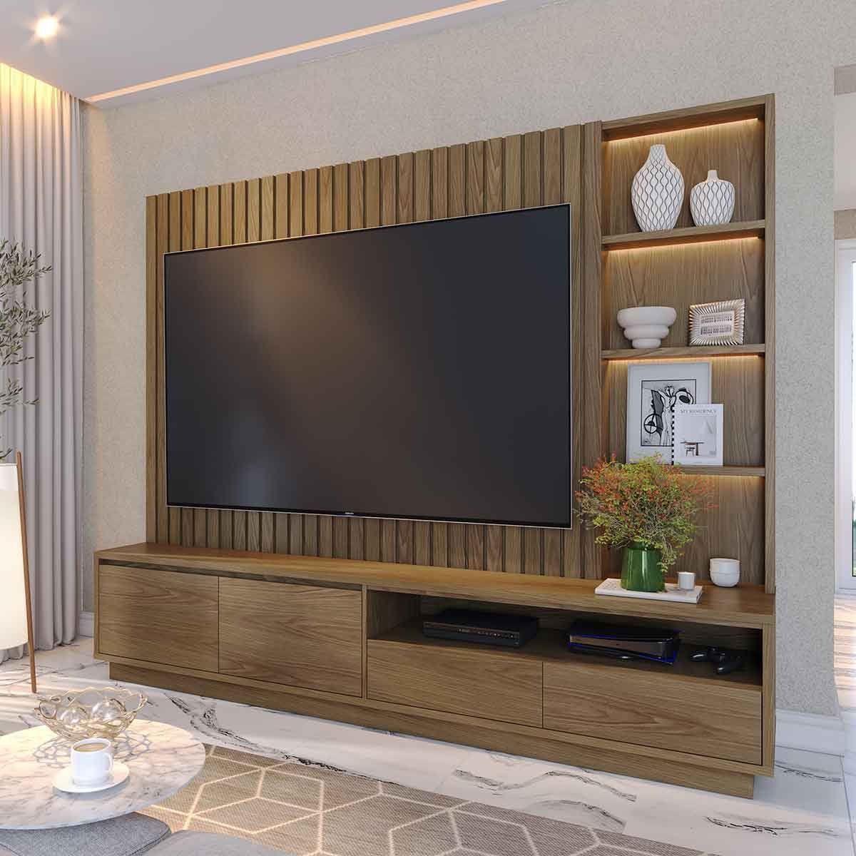 Painel Home Ripado Canção 4 Gavetas MDP 82" Polegadas Amêndoa