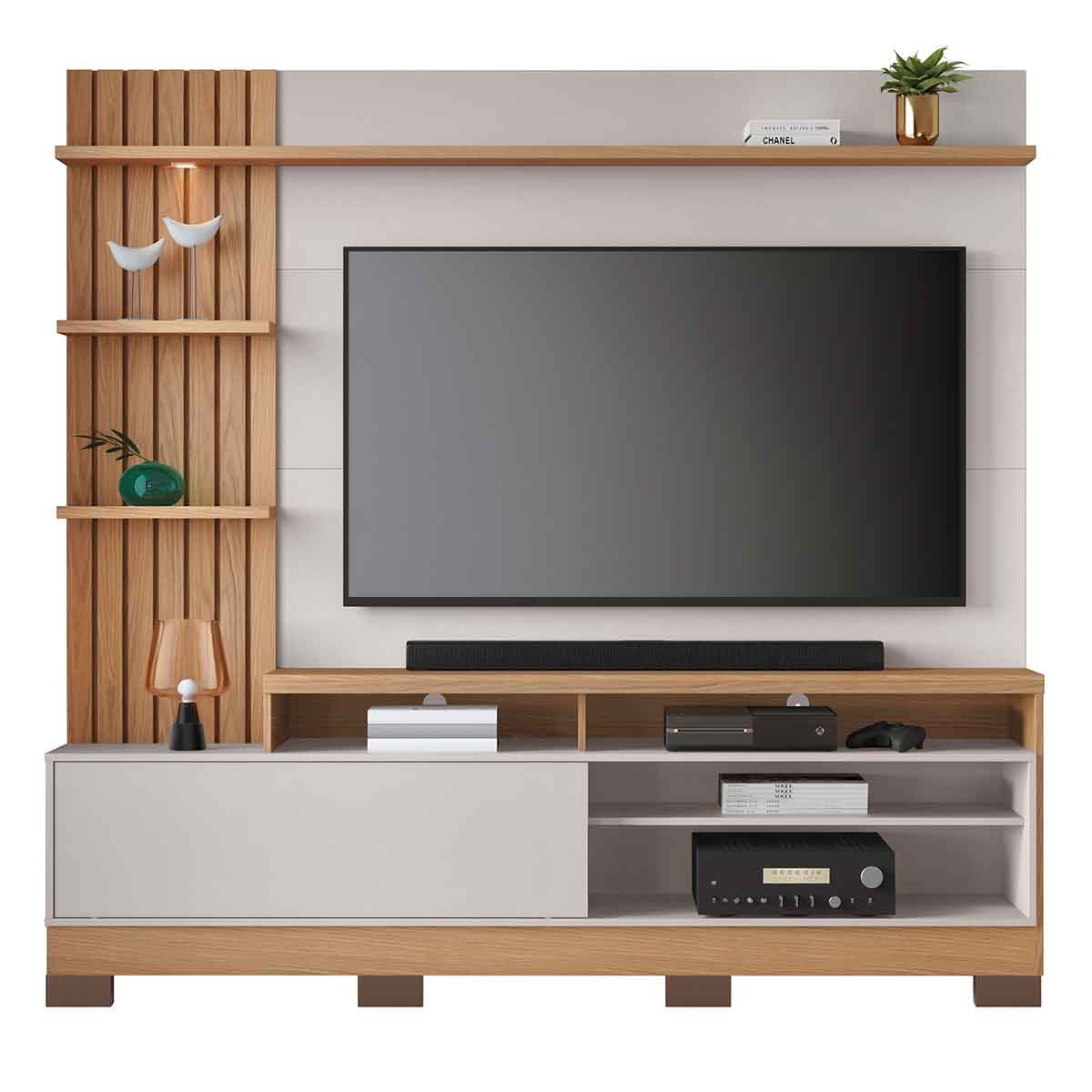 Painel Home Theater 4 Prateleiras Spot LED c/ Pés 65" Polegadas Invernia Freijo/Off White
