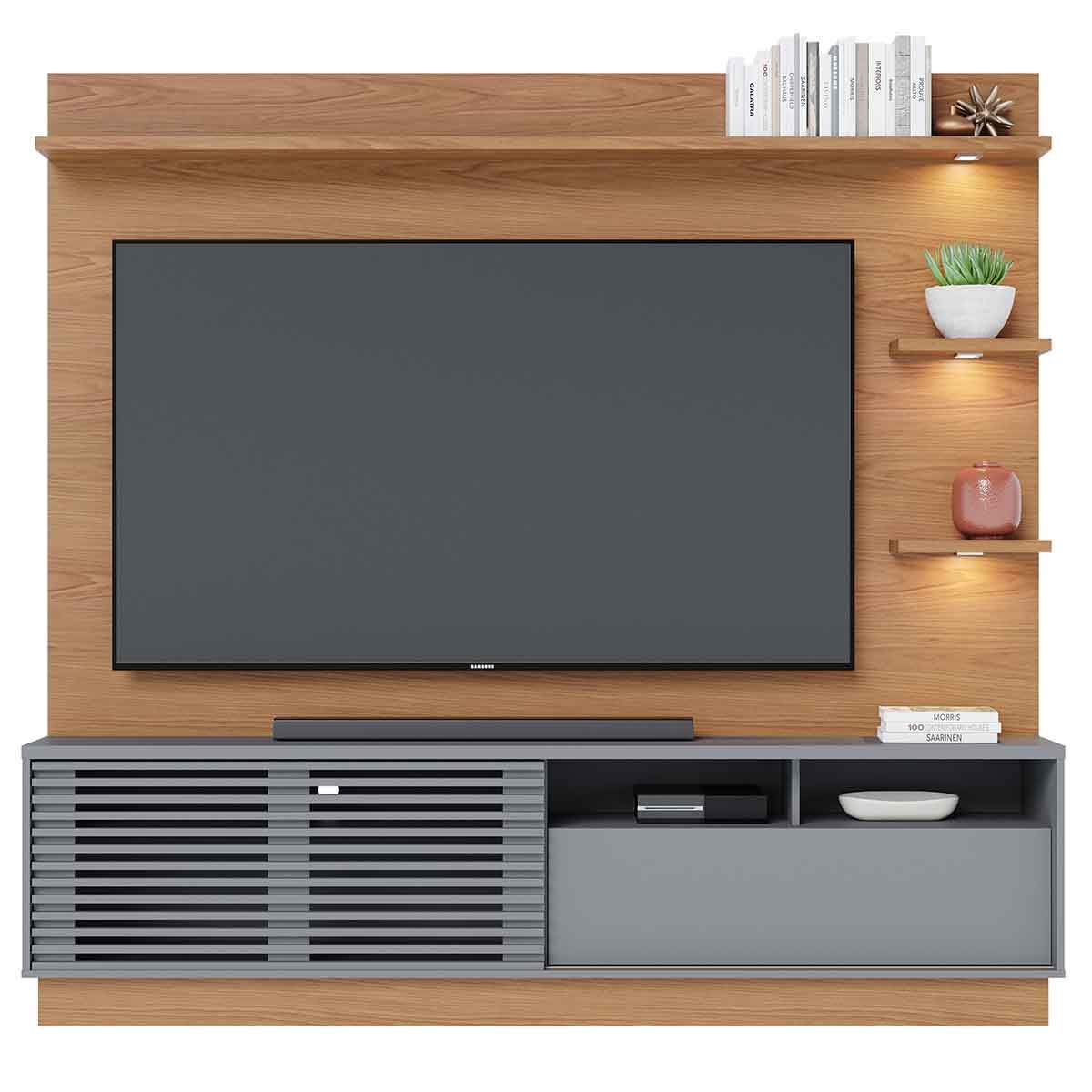 Painel Home Theater Conquista 1 Porta 70" Polegadas Freijó / Cinza Fosco