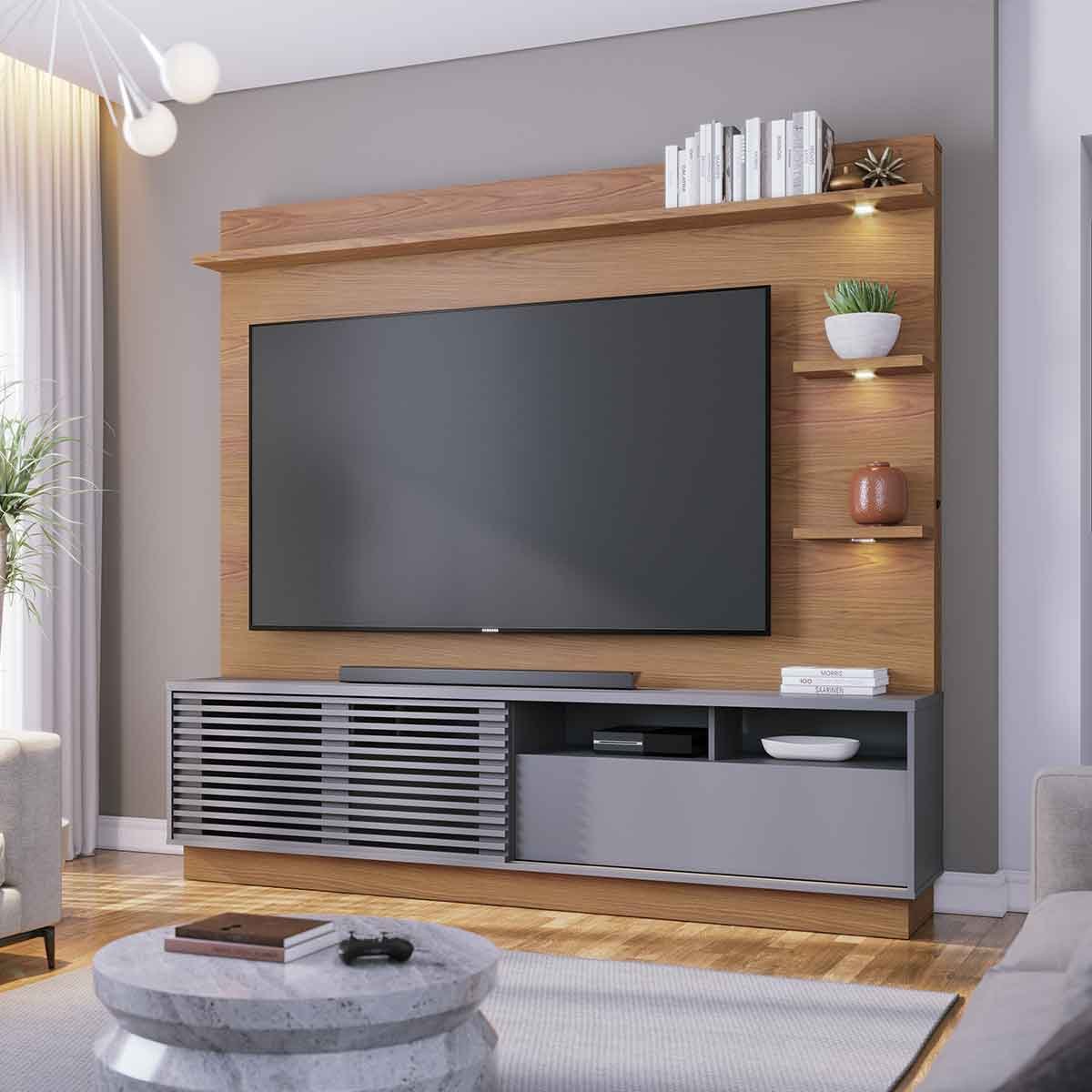 Painel Home Theater Conquista 1 Porta 70" Polegadas Freijó / Cinza Fosco