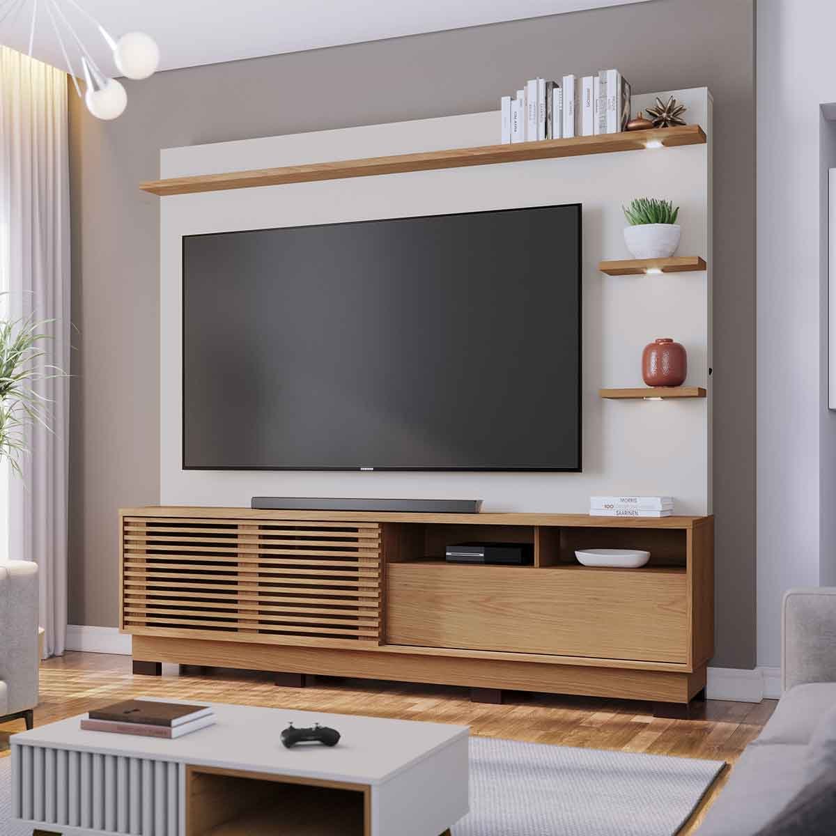 Painel Home Theater Conquista 1 Porta 70" Polegadas Freijó / Off White Matte