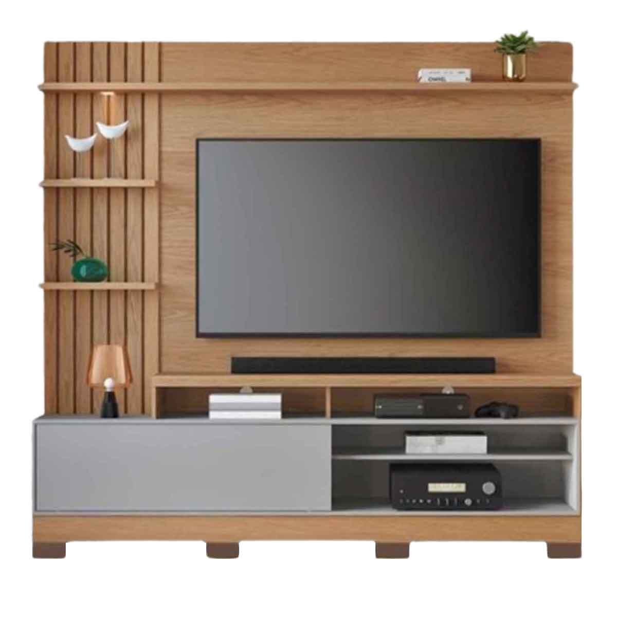 Painel Home Theater Invernia 4 Prateleiras Spot LED c/ Pés 65" Polegadas Freijó / Cinza Fosco