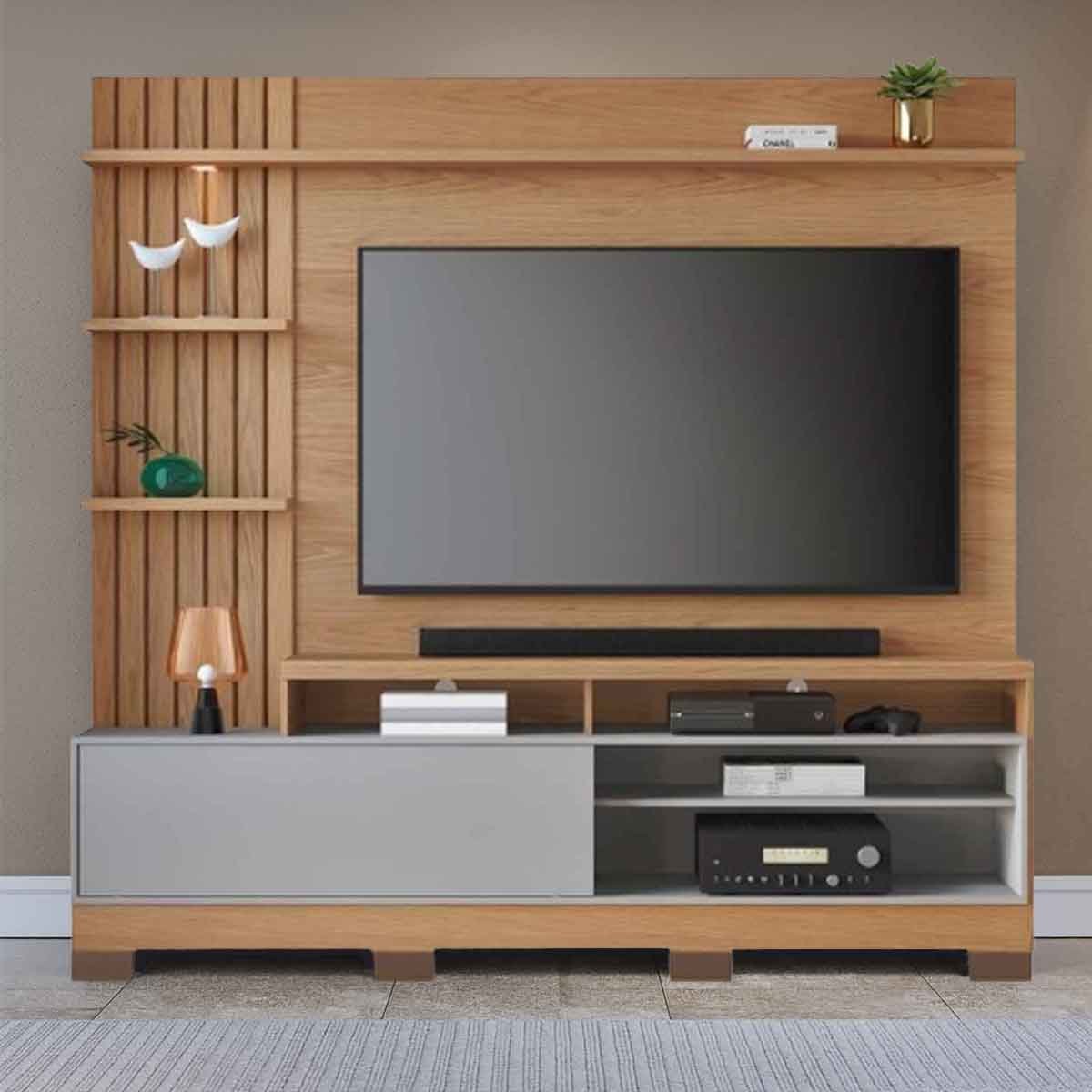 Painel Home Theater Invernia 4 Prateleiras Spot LED c/ Pés 65" Polegadas Freijó / Cinza Fosco