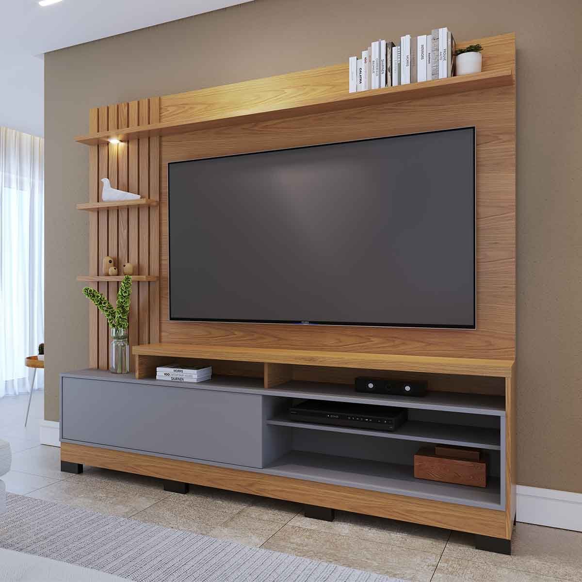 Painel Home Theater Invernia 4 Prateleiras Spot LED c/ Pés 65" Polegadas Freijó / Cinza Fosco