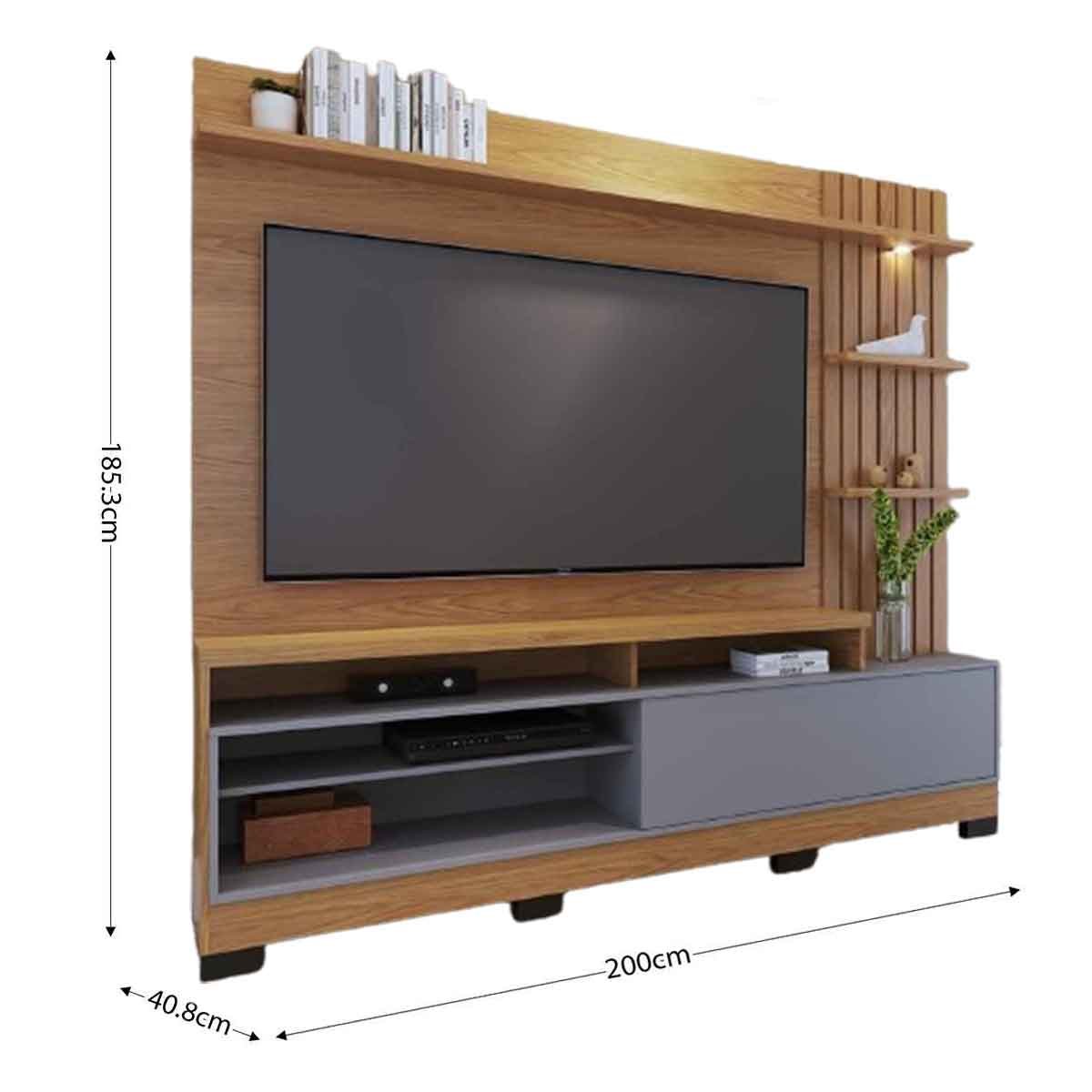 Painel Home Theater Invernia 4 Prateleiras Spot LED c/ Pés 65" Polegadas Freijó / Cinza Fosco