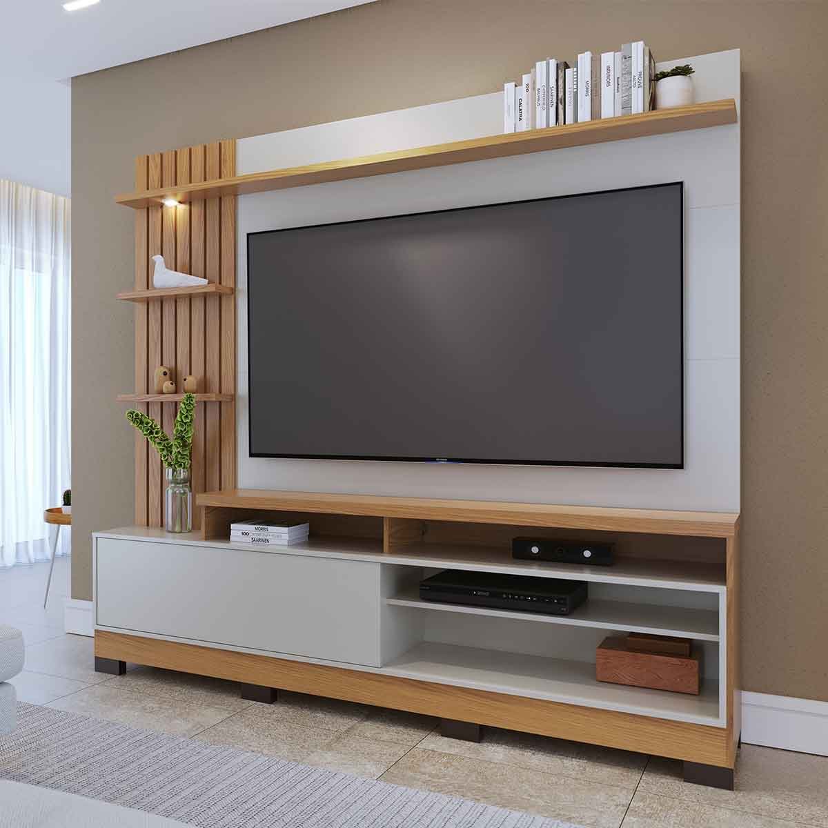 Painel Home Theater Invernia 4 Prateleiras Spot LED c/ Pés 65" Polegadas Freijo/Off White