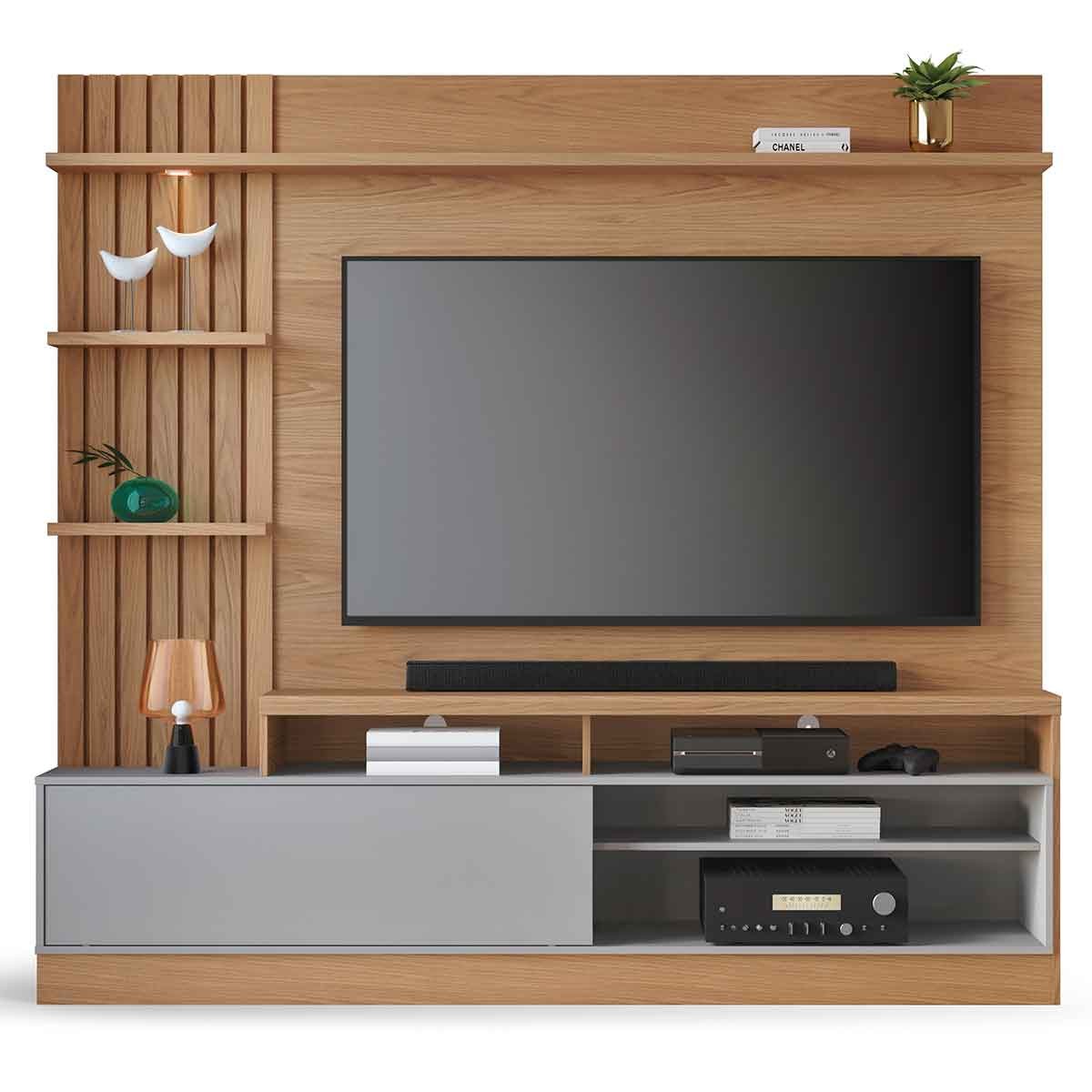 Painel Home Theater Invernia 4 Prateleiras Spot LED s/ Pés 65" Polegadas Freijó / Cinza Fosco