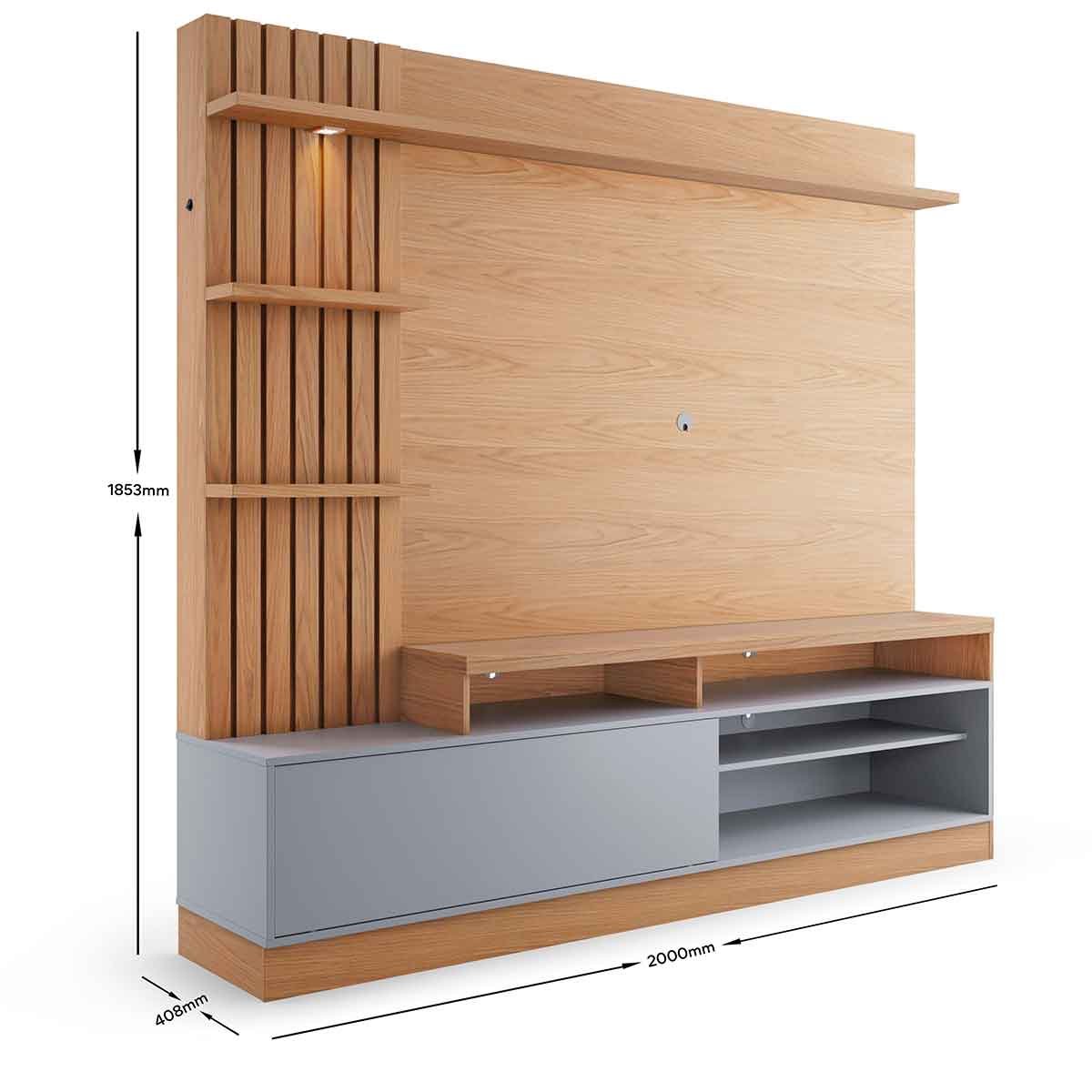 Painel Home Theater Invernia 4 Prateleiras Spot LED s/ Pés 65" Polegadas Freijó / Cinza Fosco