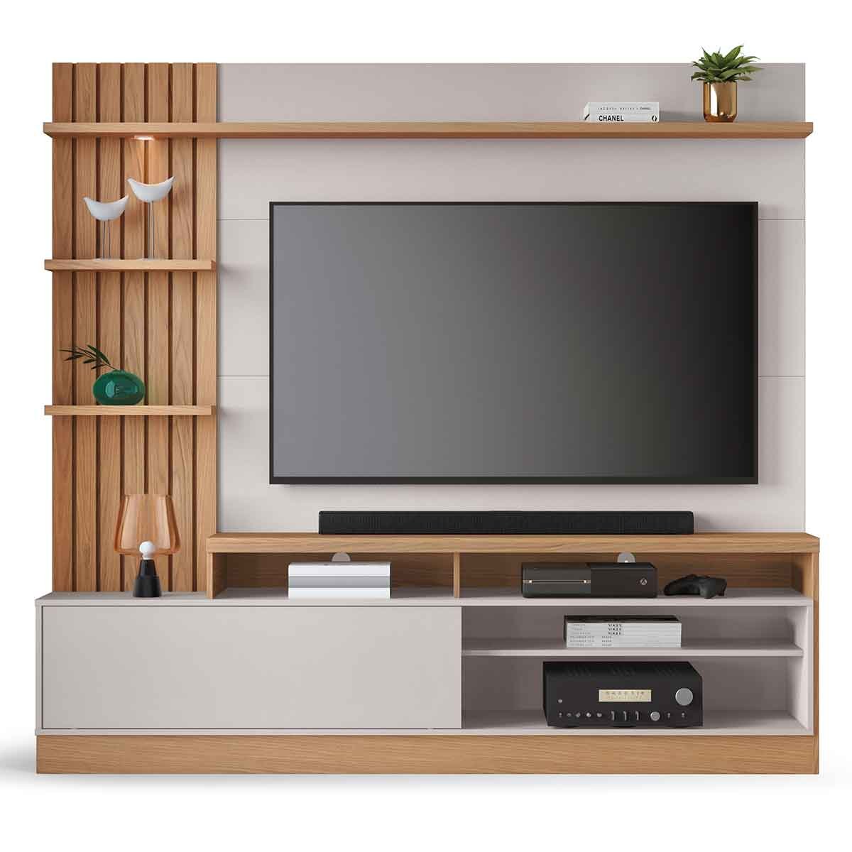 Painel Home Theater Invernia 4 Prateleiras Spot LED s/ Pés 65" Polegadas Freijo/Off White