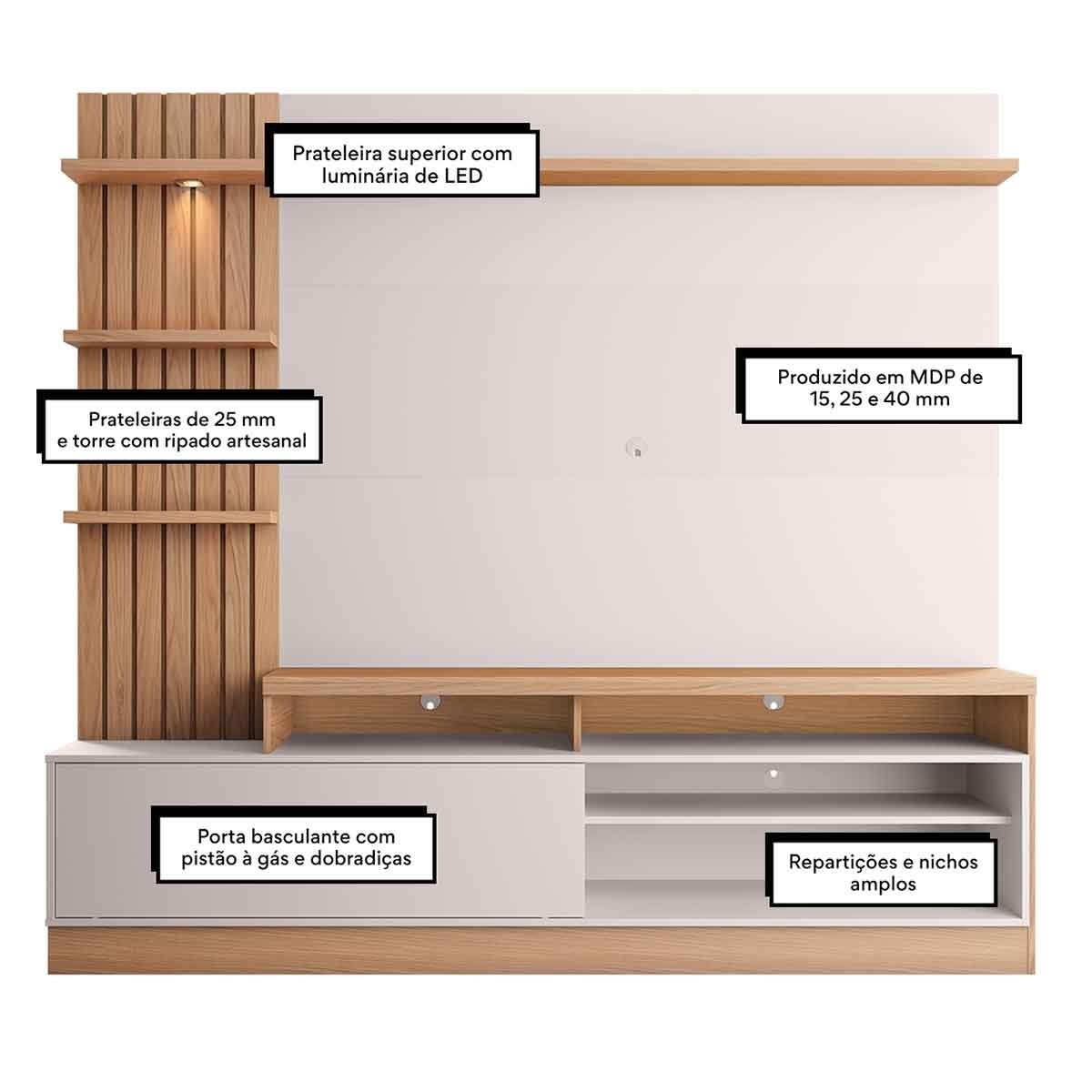 Painel Home Theater Invernia 4 Prateleiras Spot LED s/ Pés 65" Polegadas Freijo/Off White