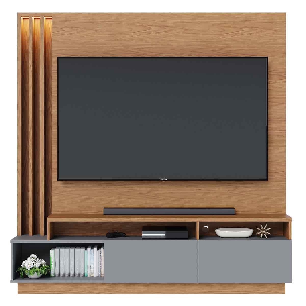 Painel Home Theater Itaumá 2 Portas Basculante 75" Polegadas Freijó / Cinza Fosco