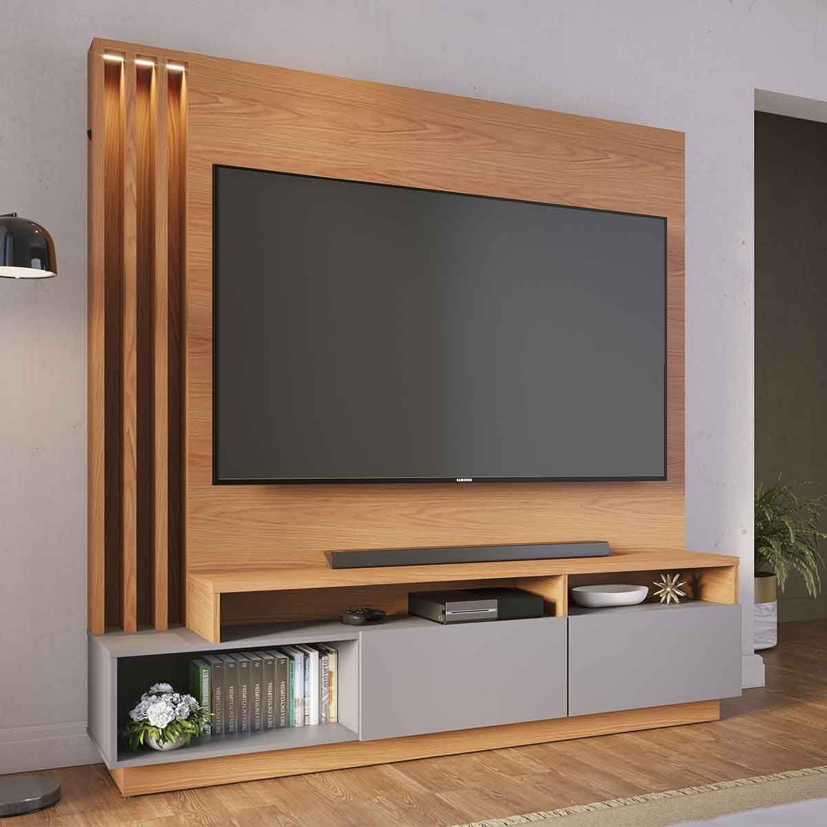 Painel Home Theater Itaumá 2 Portas Basculante 75" Polegadas Freijó / Cinza Fosco