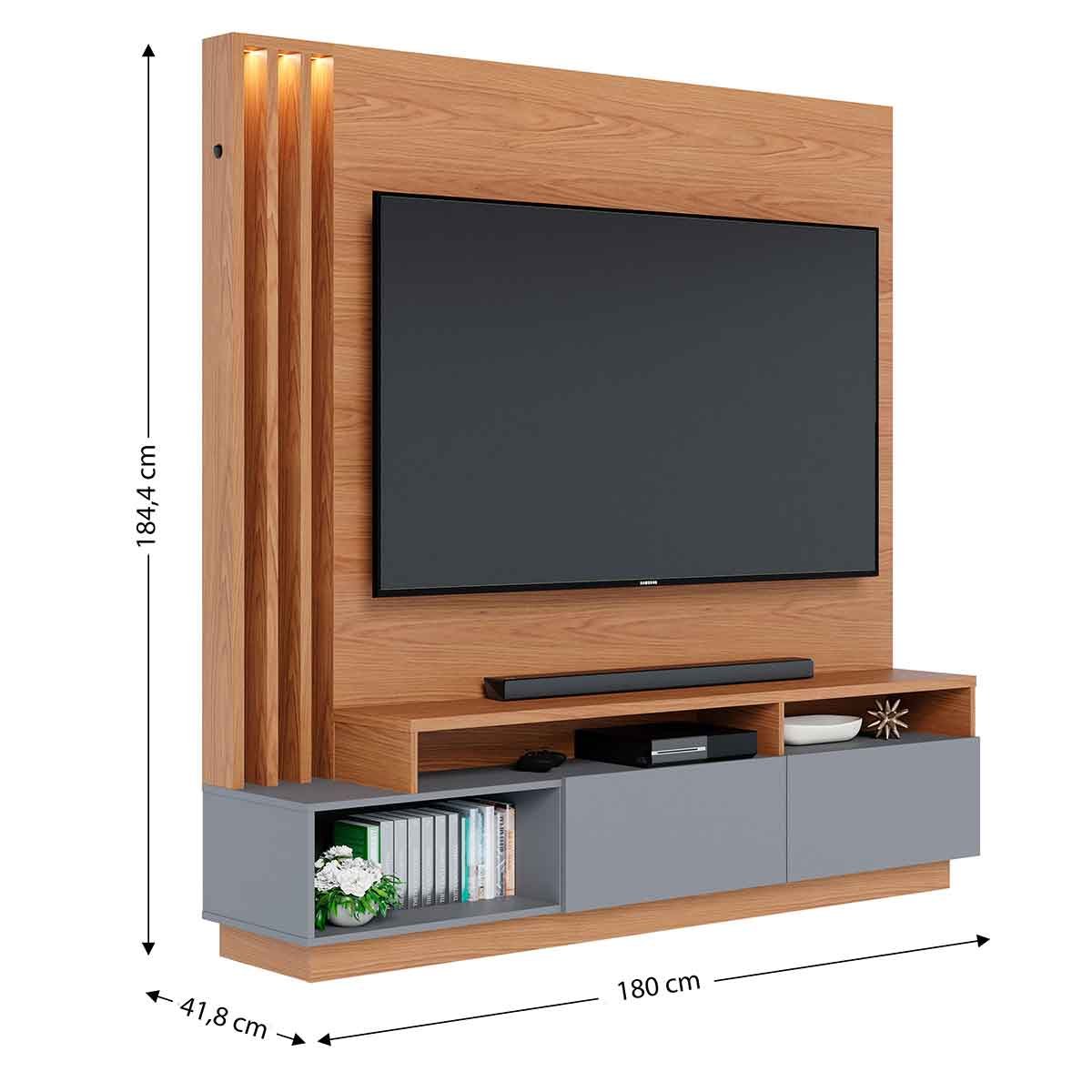 Painel Home Theater Itaumá 2 Portas Basculante 75" Polegadas Freijó / Cinza Fosco