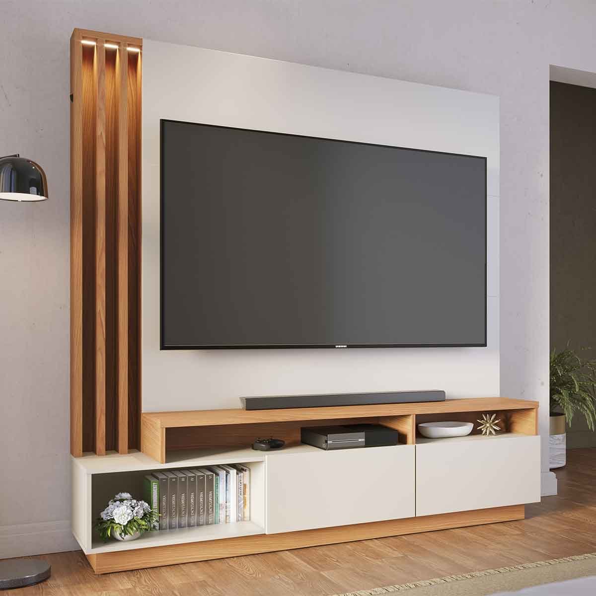 Painel Home Theater Itaumá 2 Portas Basculante 75" Polegadas Off White Matte / Freijó