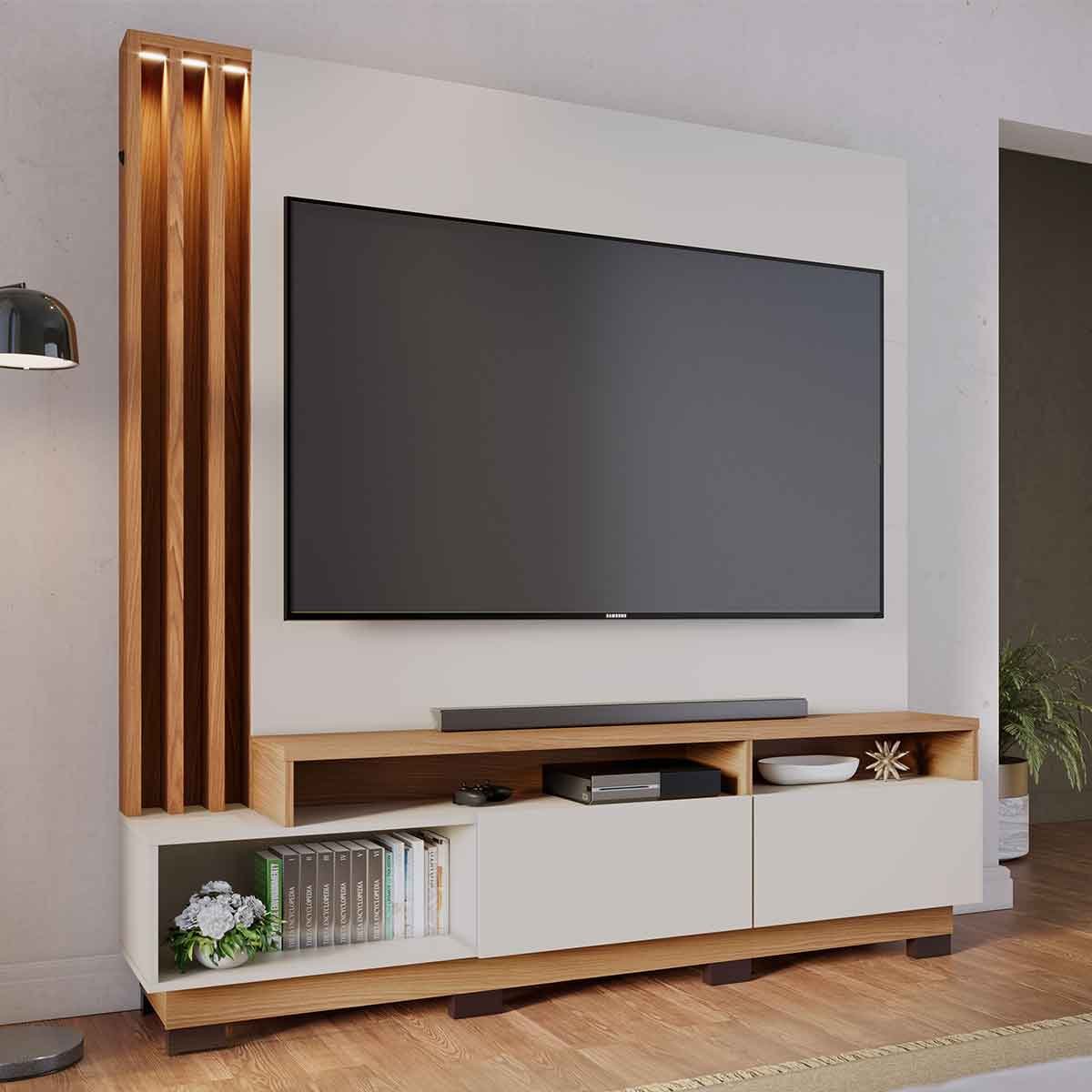 Painel Home Theater Itaumá 2 Portas Basculante 75" Polegadas Off White Matte / Freijó