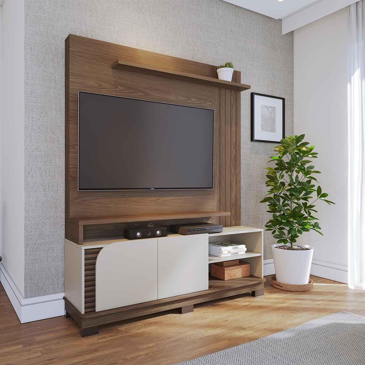 Painel Home Theater Jureli 2 Portas 1.5 até 65" Polegadas Amêndoa/Off White