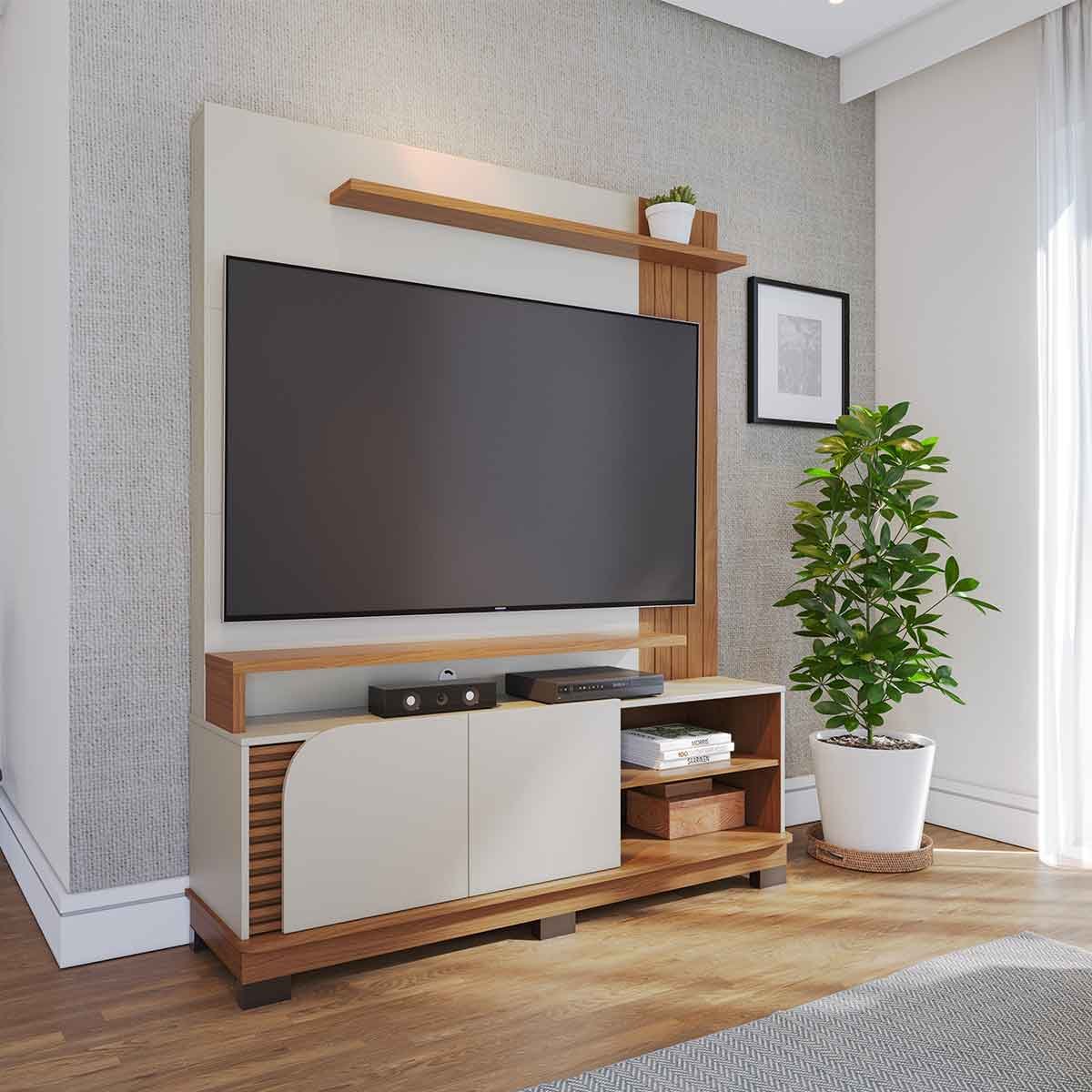 Painel Home Theater Jureli 2 Portas 1.5 até 65" Polegadas Off White Matte / Freijó
