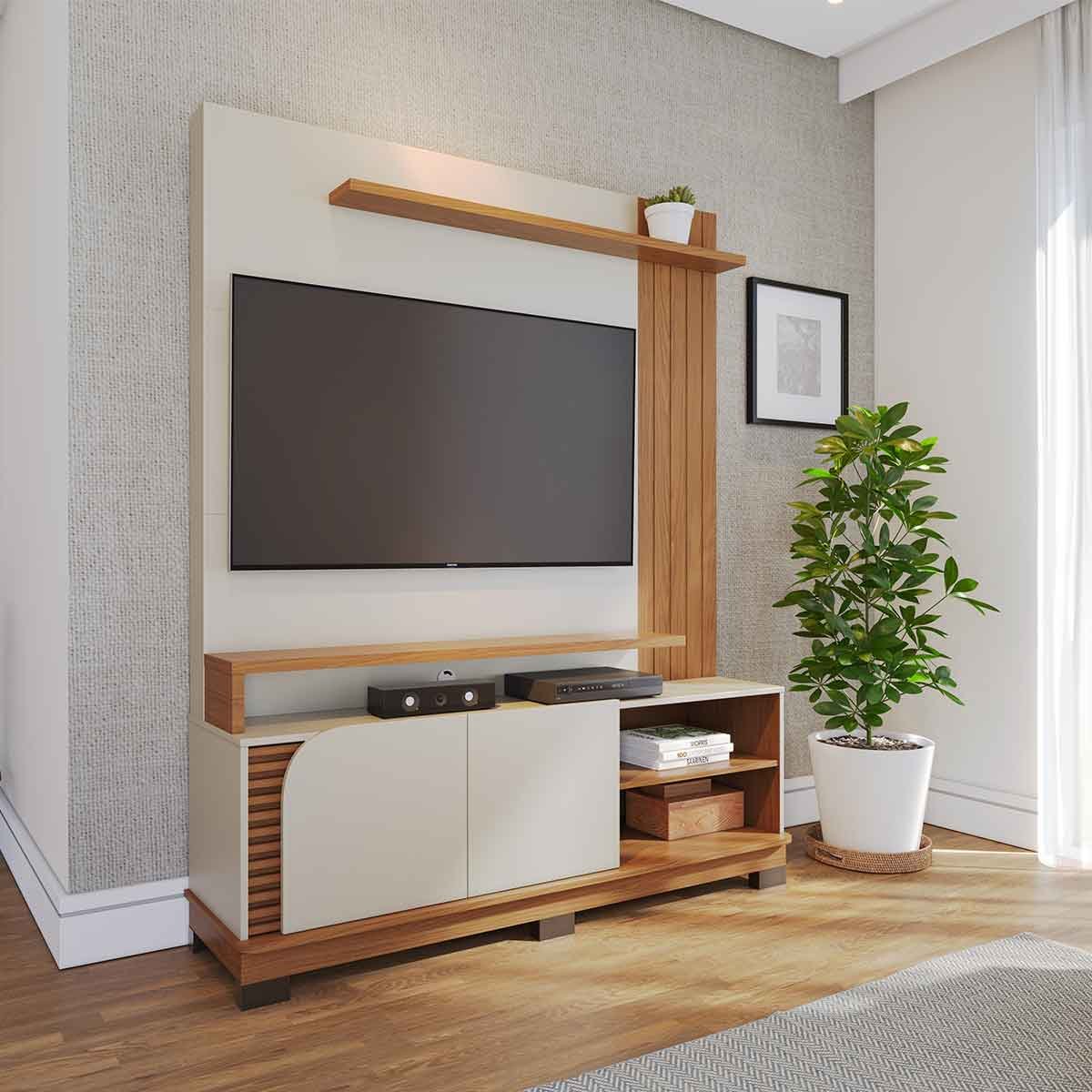 Painel Home Theater Jureli 2 Portas 1.5 até 65" Polegadas Off White Matte / Freijó