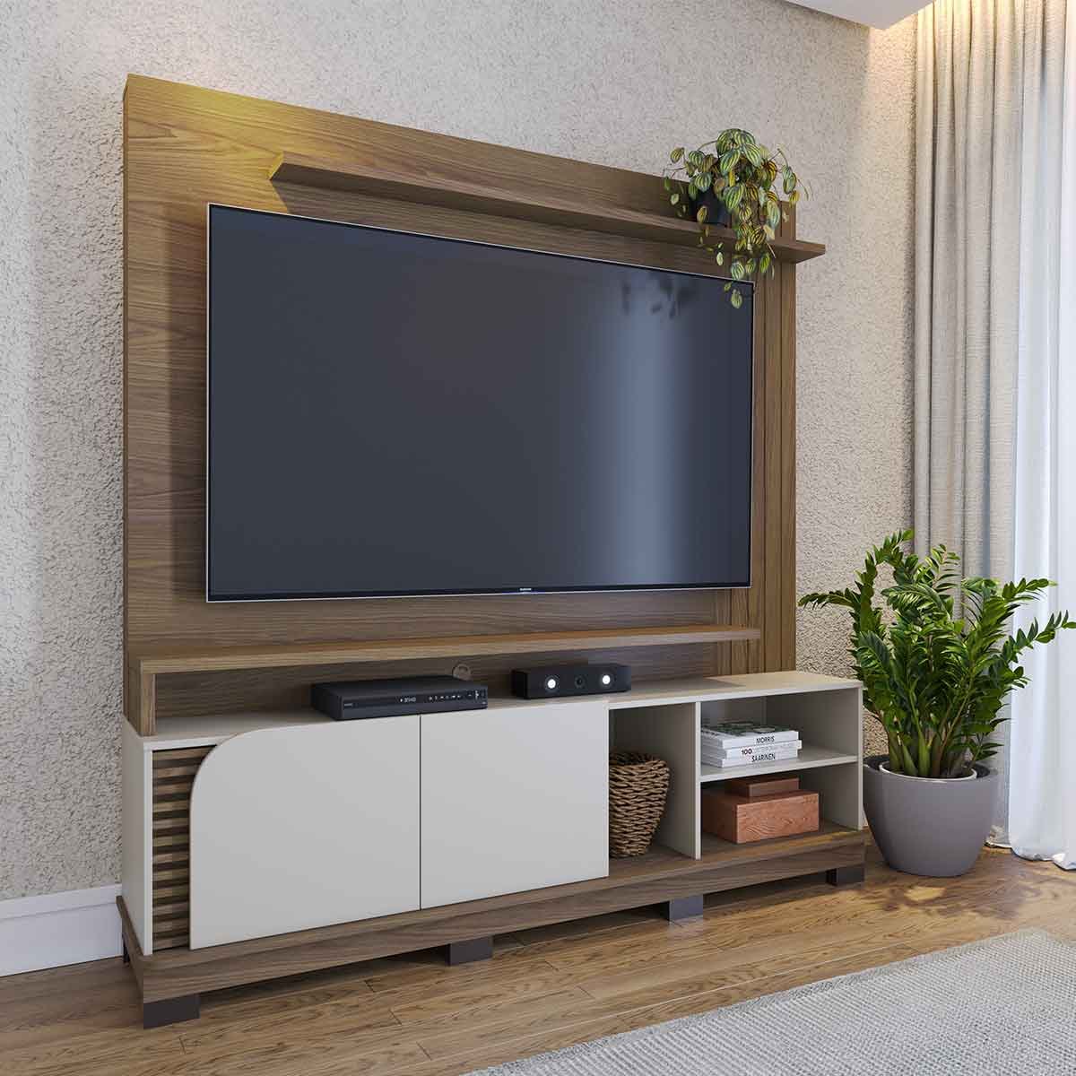 Painel Home Theater Jureli 2 Portas 1.8 até 75" Polegadas Amêndoa/Off White