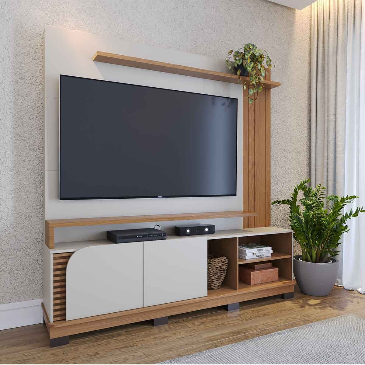 Painel Home Theater Jureli 2 Portas 1.8 até 75" Polegadas Off White Matte / Freijó