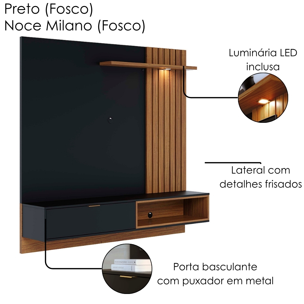 Painel Suspenso Tv 60 Pol 160 cm Tocantins Preto Noce Milano Colibri