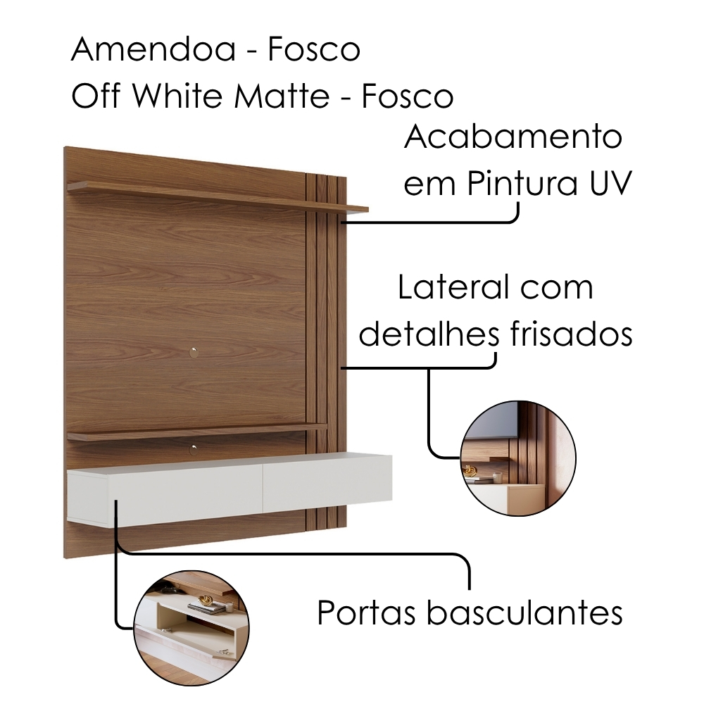 Painel Suspenso Tv 65 Pol 150 cm Juriti Amendoa Off White Matte Colibri