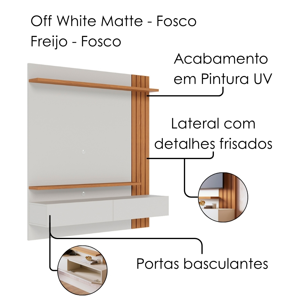 Painel Suspenso Tv 65 Pol 150 cm Juriti Off White Matte Freijo Colibri