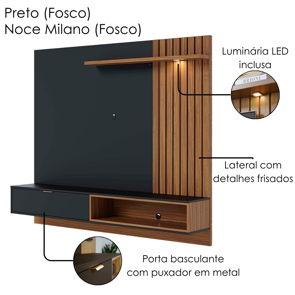 Painel Suspenso Tv 65 Pol 180 cm Tocantins Preto Noce Milano Colibri