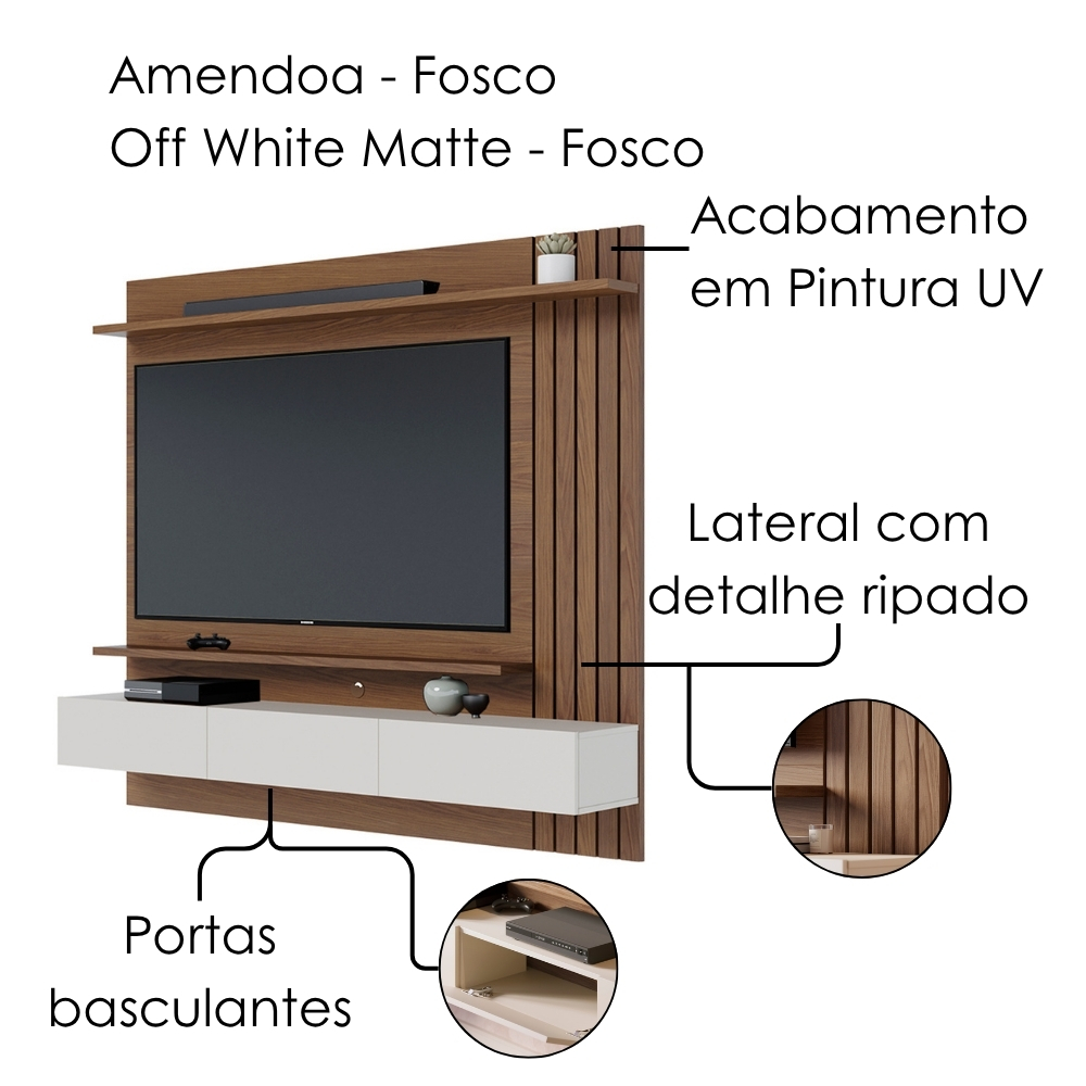 Painel Suspenso Tv 70 Pol 180 cm Juriti Amendoa Off White Matte Colibri