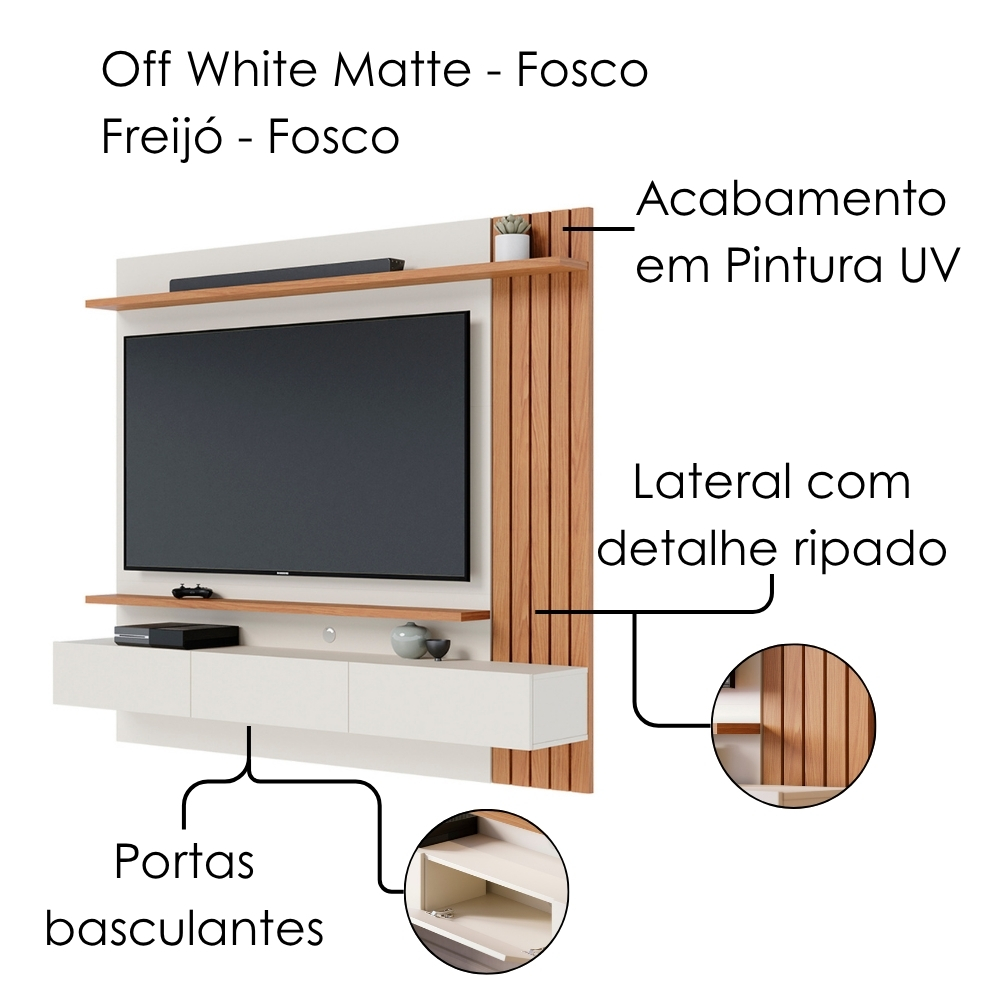 Painel Suspenso Tv 70 Pol 180 cm Juriti Off White Matte Freijo Colibri