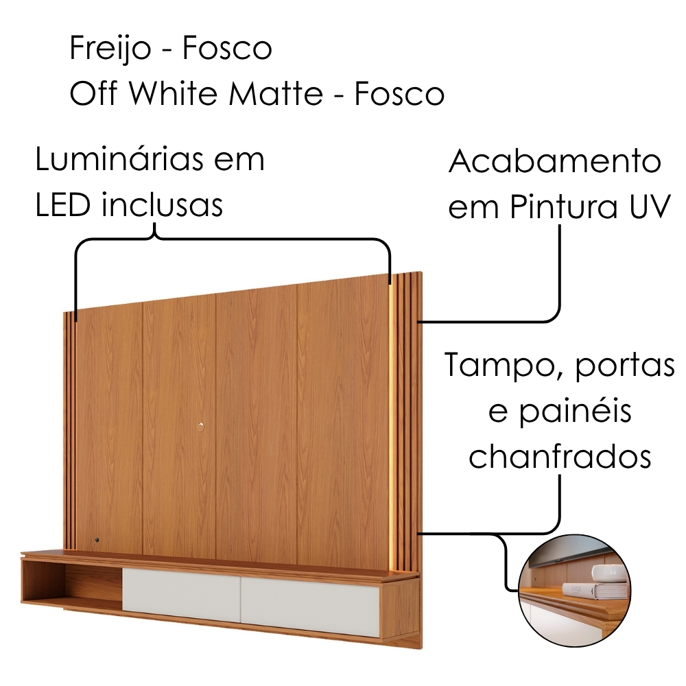 Painel Suspenso Tv 75 Pol 217 cm Loa Freijo Off White Matte Colibri