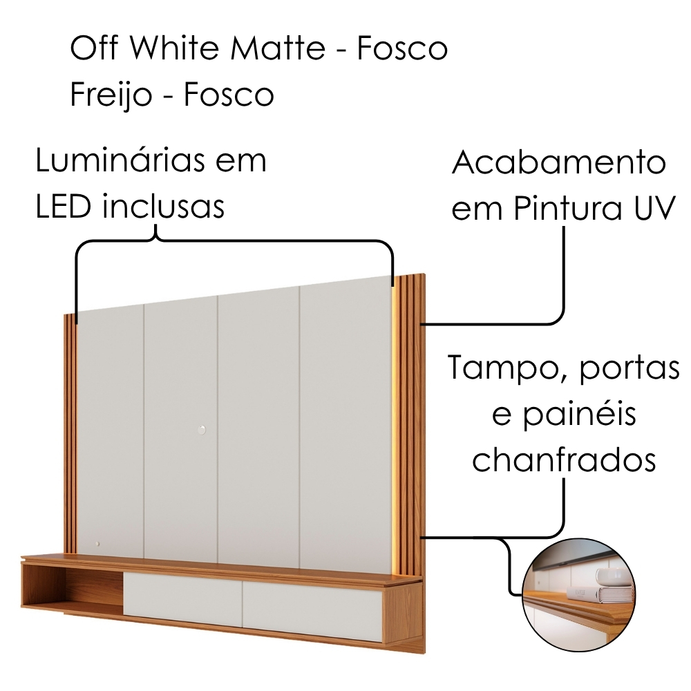Painel Suspenso Tv 75 Pol 217 cm Loa Off White Matte Freijo Colibri