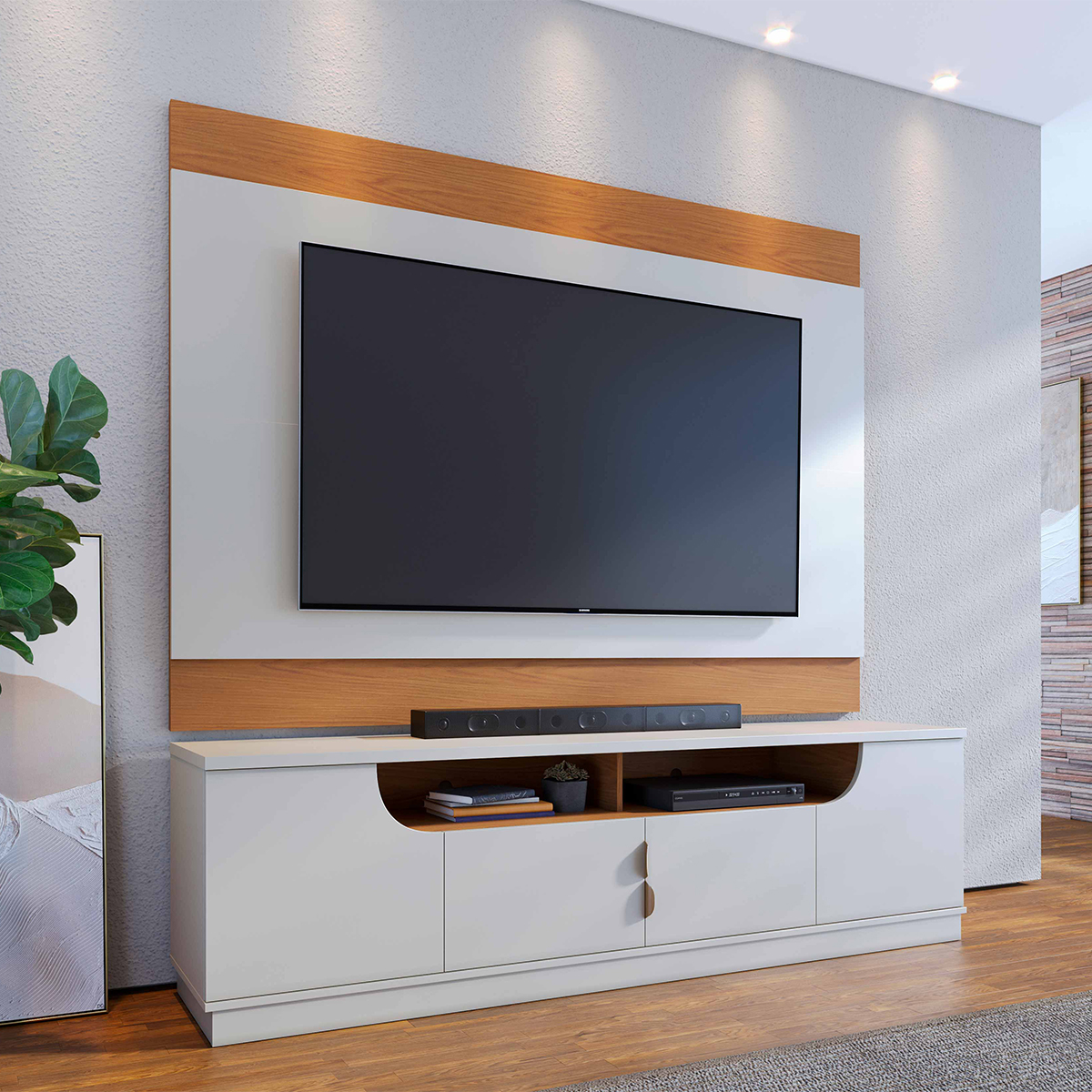 Rack Bancada 4 Portas de Giro TV até 75" Polegadas Satriani Off White/Freijó