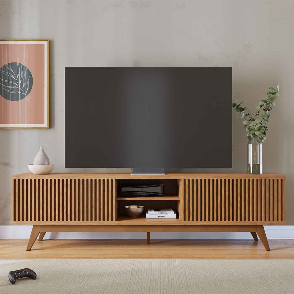 Rack Bancada Bastião 4 Portas MDP Para TV até 75" Polegadas Freijó