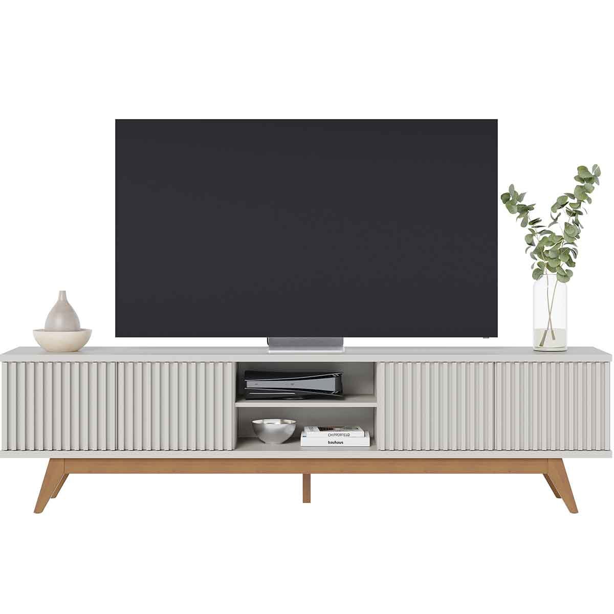 Rack Bancada Bastião 4 Portas MDP Para TV até 75" Polegadas Off White Matte