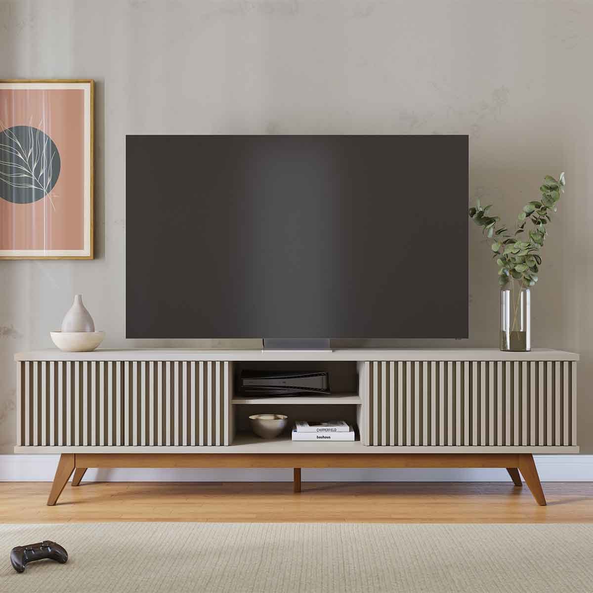 Rack Bancada Bastião 4 Portas MDP Para TV até 75" Polegadas Off White Matte