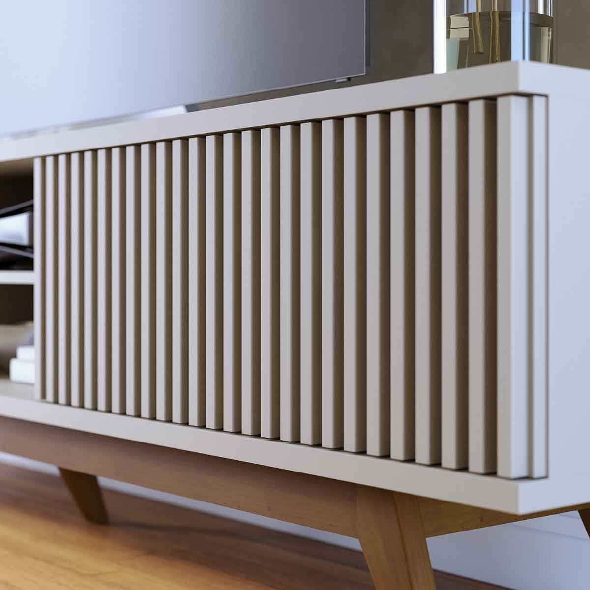 Rack Bancada Bastião 4 Portas MDP Para TV até 75" Polegadas Off White Matte